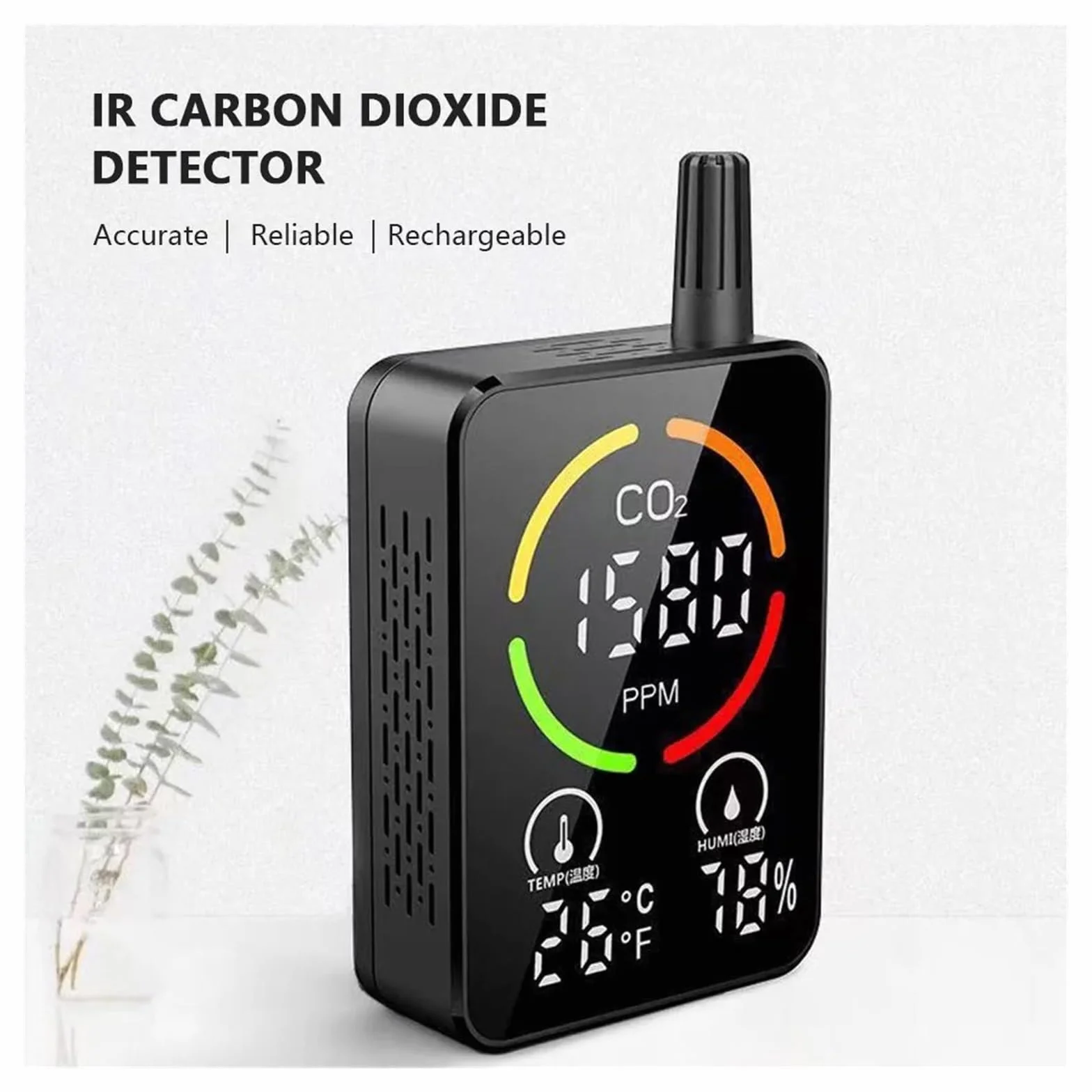 Detector de CO2 Monitor calidad del aire Medidor Temperatura Humedad Sensor NDIR dióxido carbono Probador concentración con alarma Para uso de bricolaje(Black)
