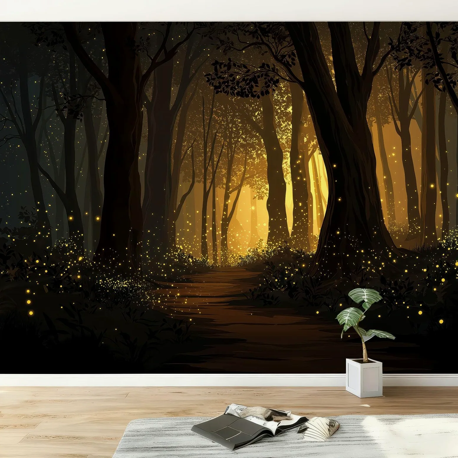 Papel Pintado Mural Dibujos Animados Bosque Luciérnagas 250An x 175Al cm, Decoración de Pared Fotográfica Anime para Salón Dormitorio Oficina Habitación Infantil - Poster Mural Fácil de Instalar