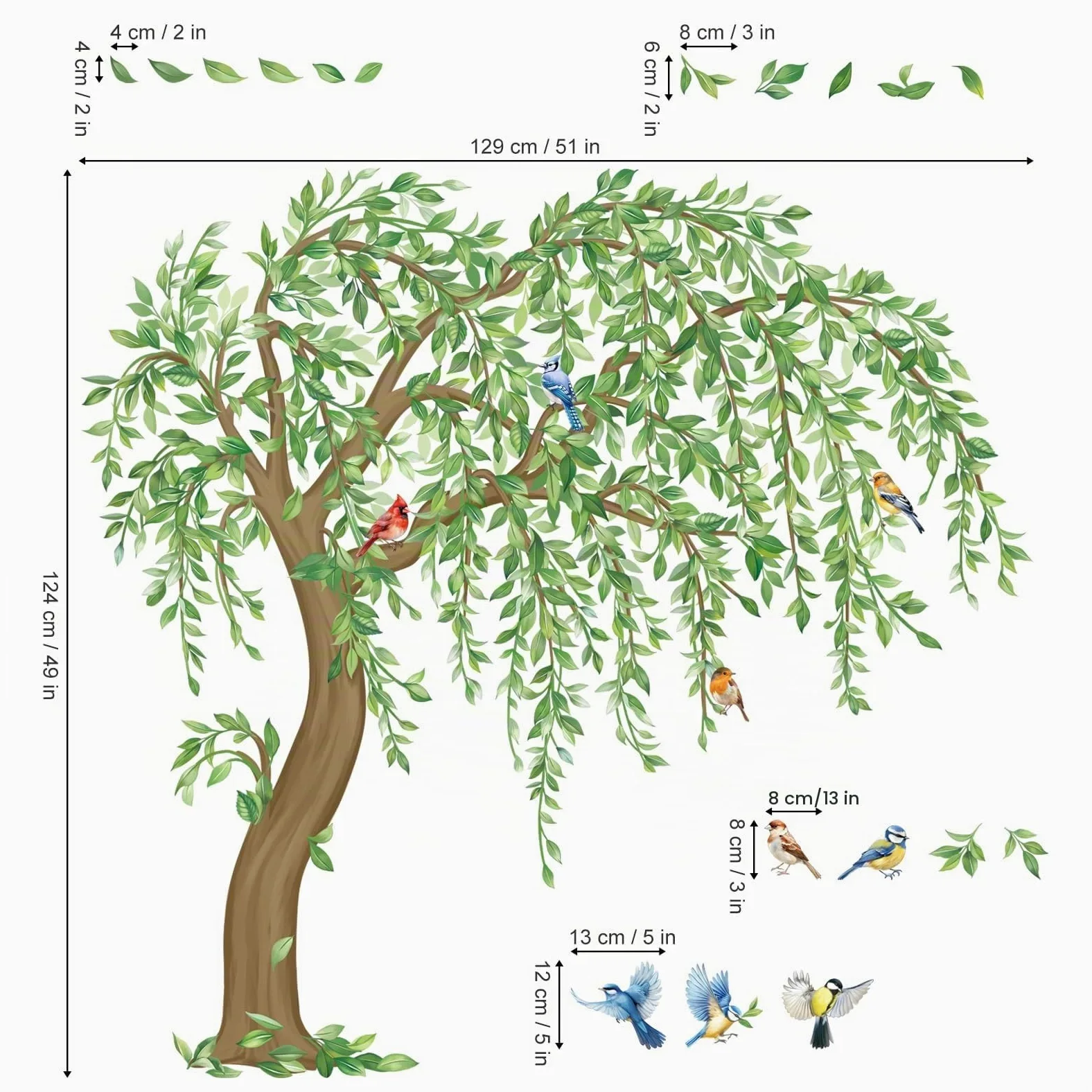 decalmile Pegatinas de Pared Arbol Verde Grande Vinilos Decorativos Hojas Plantas Verde Pájaros Adhesivos Pared Habitación Niña Dormitorio Salón