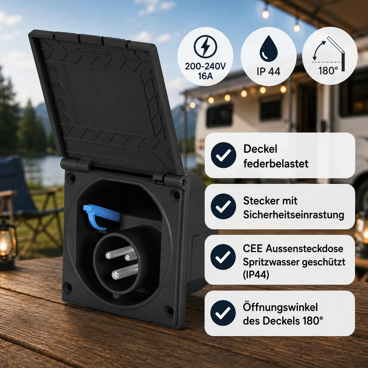 Ha ba - CEE enchufe de exterior negro contra salpicaduras de agua, 200 – 240 V, 16 A, 3 pines IP44