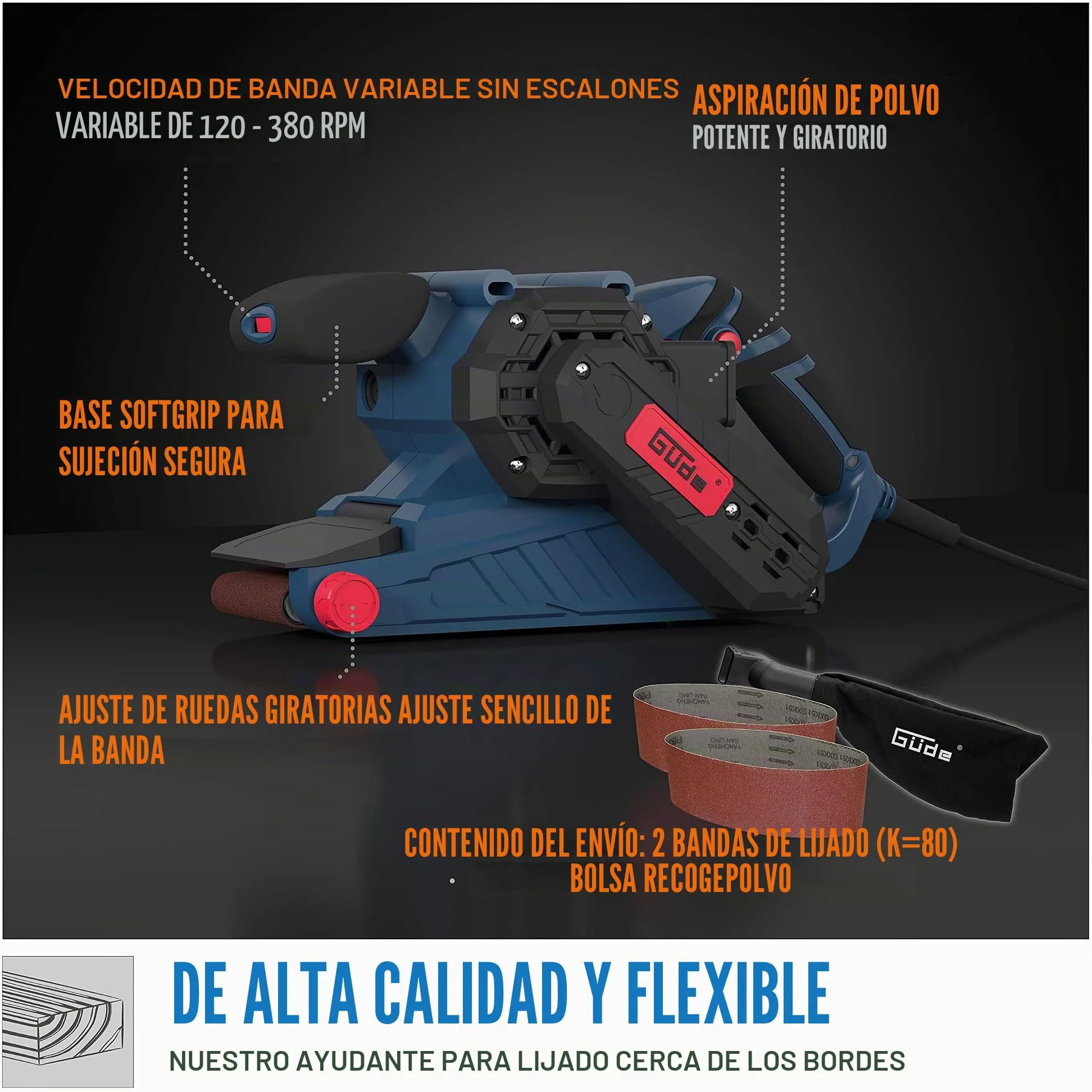 Güde 58146 BS 76 – 900 S – Lijadora de banda (230 V, 76 x 160 mm de lijado, sistema de cambio rápido de cinta, ajustable lenkrollen, 2 x Banco de lijado K80)