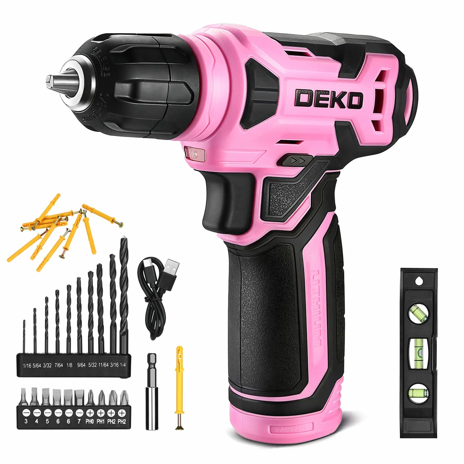 DEKOPRO Taladro Atornillador Inalámbrico 8V, con 10MM Portabrocas, LED Luz, Cable de Carga Tipo C, Accesorios 42 Piezas, Taladro Eléctrico para Perforar y Apretar/Aflojar Tornillos, Rosa