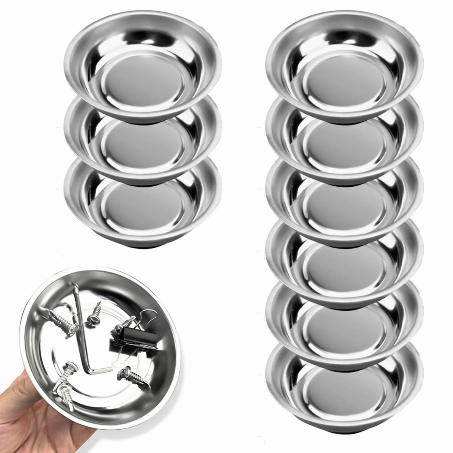 Paquete de 10 bandejas magnéticas de acero inoxidable de 3 pulgadas con base antideslizante para taller, garaje y organización de cajas de herramientas