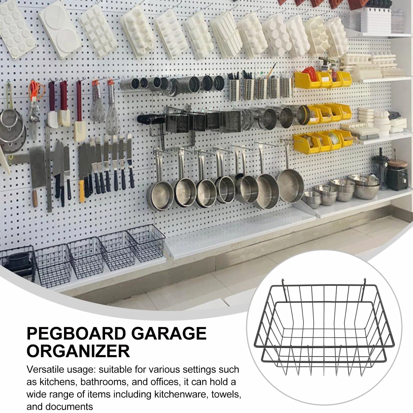 Cestas de Almacenamiento para Panel Perforado sin Taladro Organizador Metálico Negro Grande Cesta de Hierro para Garaje Cocina y Oficina Accesorios para Rack de Pared