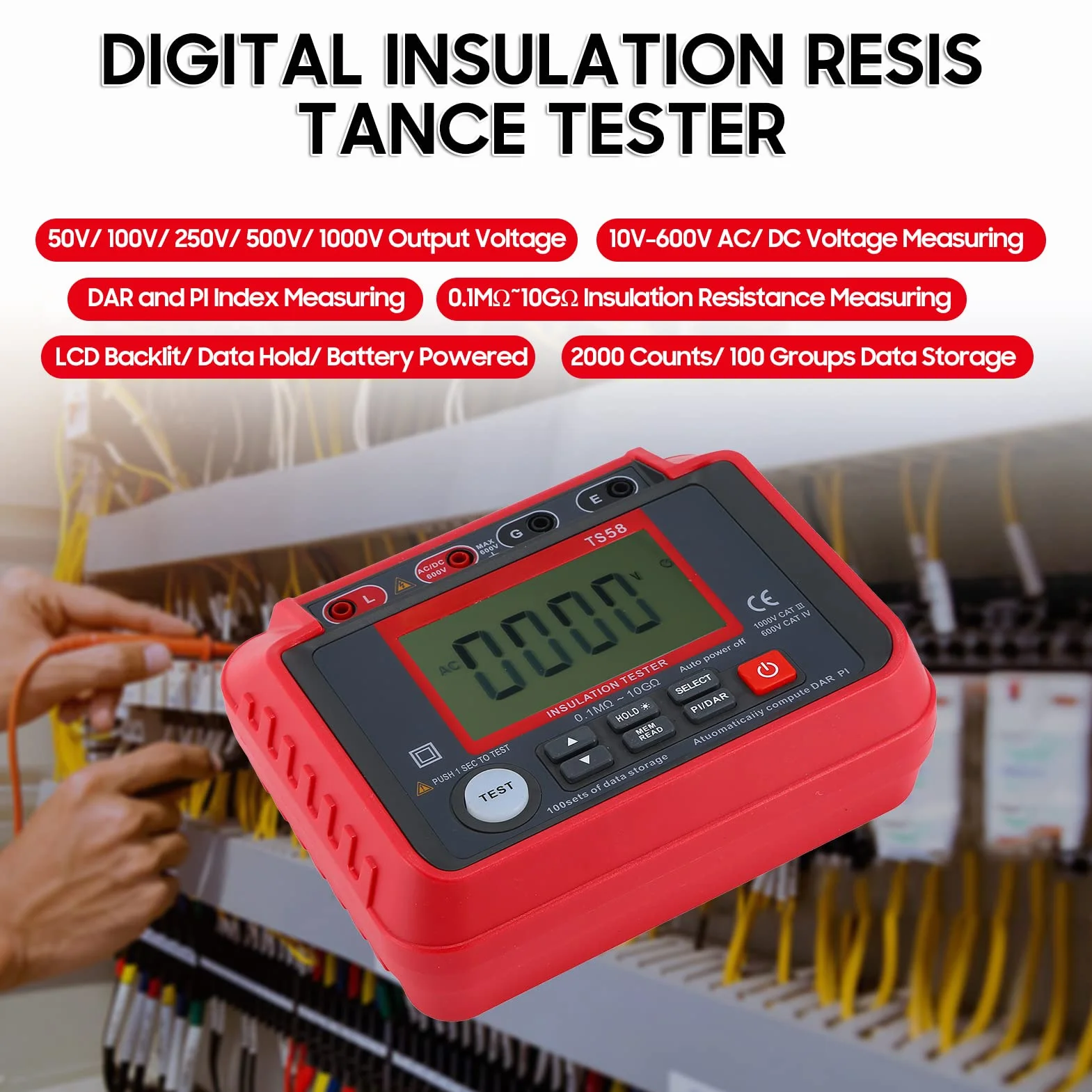 Megohmímetro digital TS58 0,1 MΩ-10 GΩ 10-600 V AC DC 2000 recuentos DAR PI-Índice