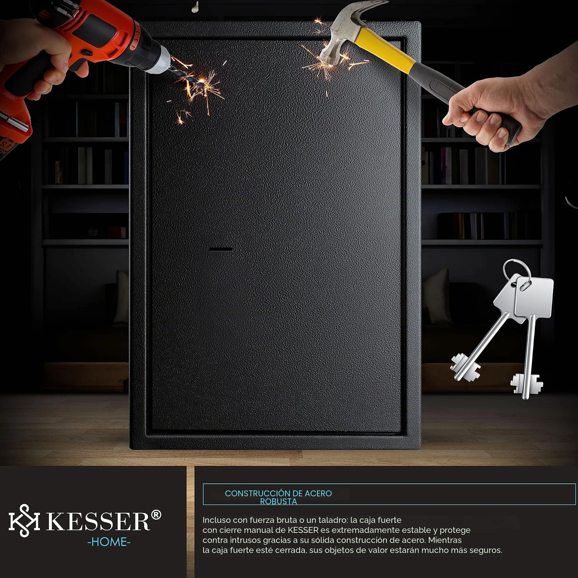 KESSER Caja fuerte de suelo-pared 50x35x31 cm con cerradura de doble paletón incluye 2 llaves