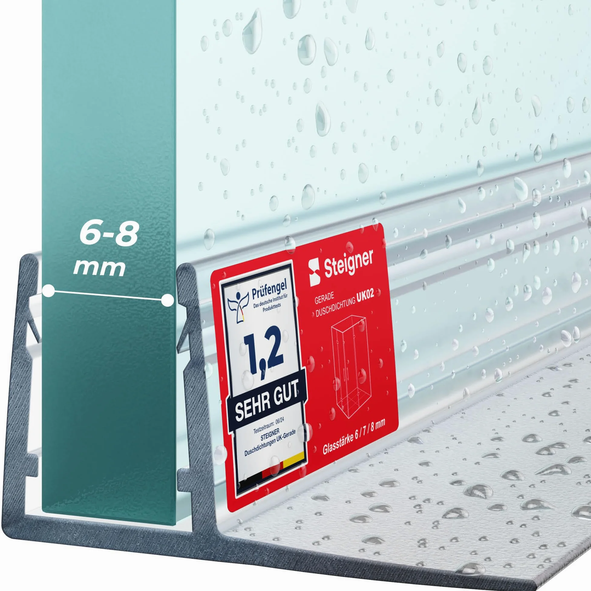 STEIGNER Junta mampara ducha UK02 200 cm (1 ud.) transparente - Junta vertical para ducha angular o pentagonal con puerta 6-8 mm - Ajuste perfecto, Impermeable, Fácil instalación, Acabado discreto