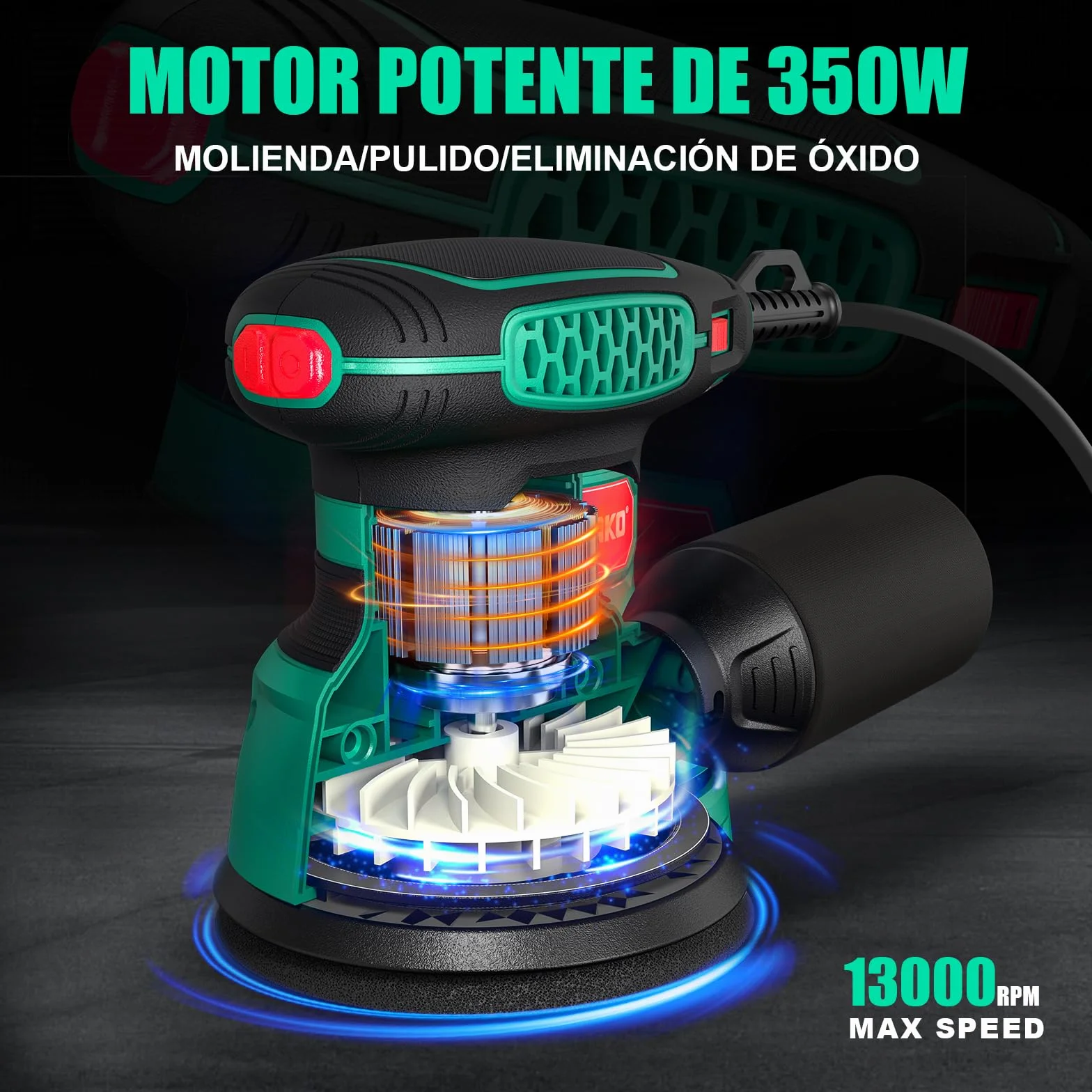 Lijadora Orbital 350W 125MM - 6 velocidades,16 hojas de lijado incluidas,con recolección de polvo y función de freno rápido,Ideal para lijar y pulir madera,en proyectos de afición