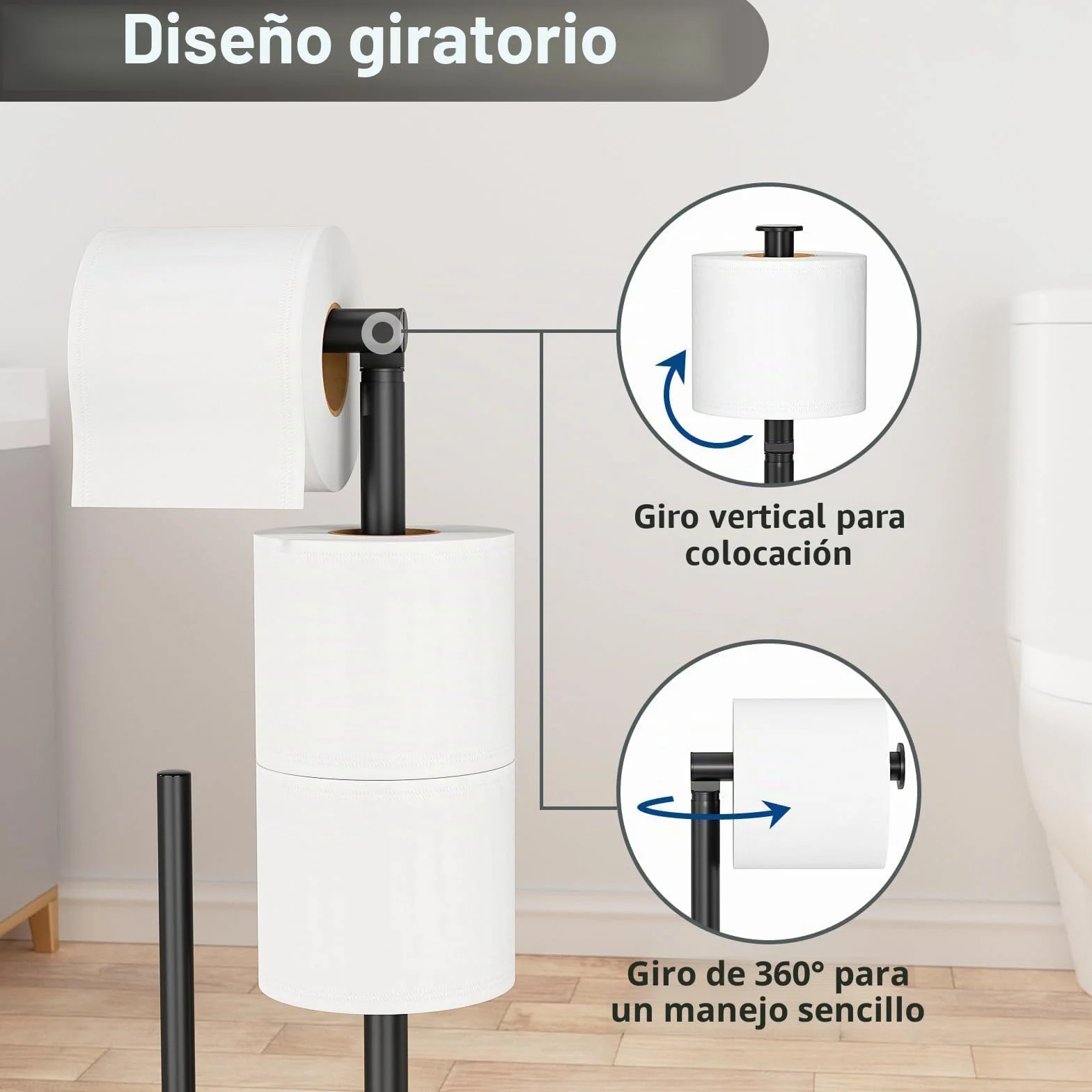 susswiff Portarrollos de Papel Higiénico de Pie con Escobillero, Soporte de Acero Inoxidable, sin Necesidad de Taladrar (Negro Mate)