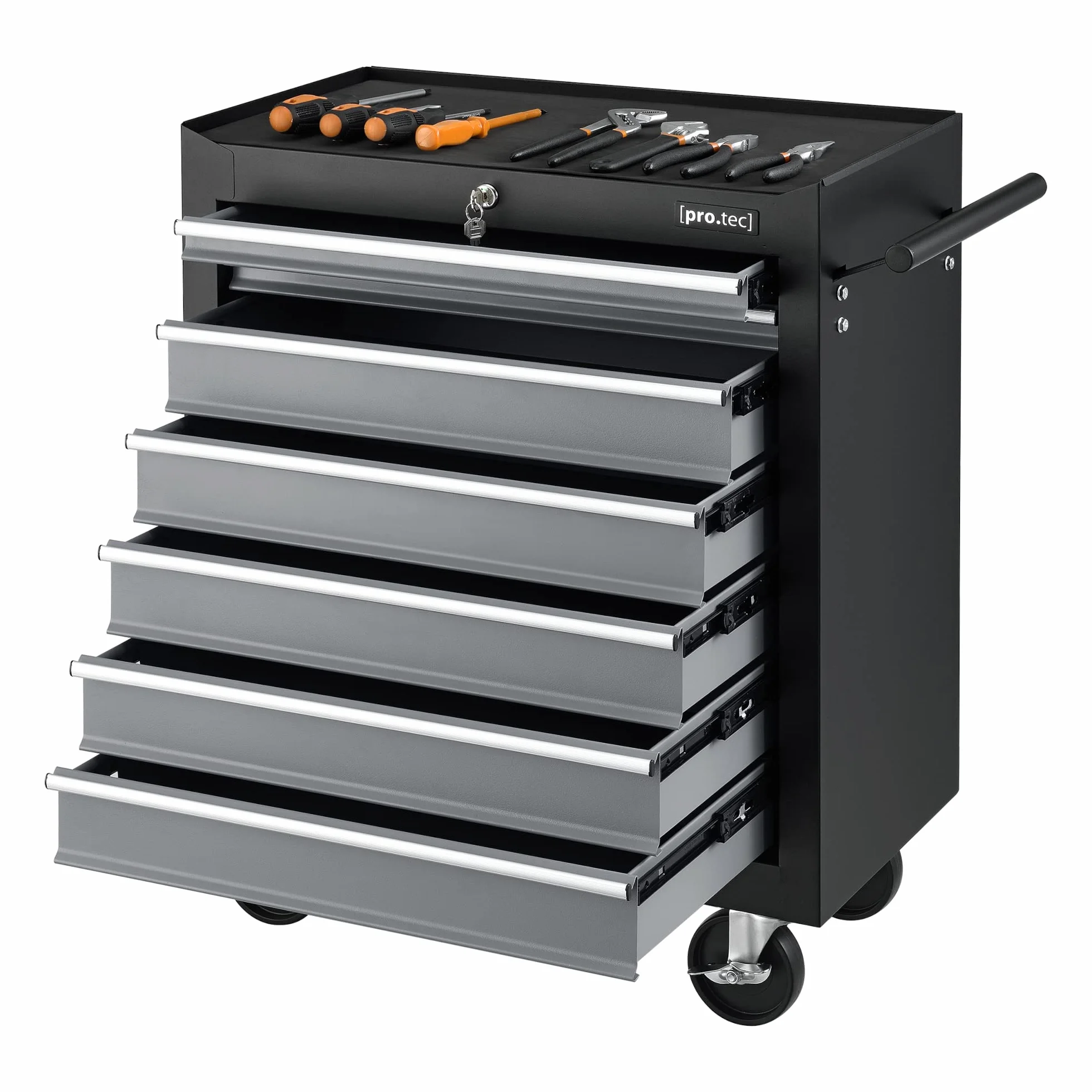 pro.tec Carrito de Herramientas de Acero 7 Cajones 4 Ruedas Taller Móvil Negro 69x33x77,5 cm