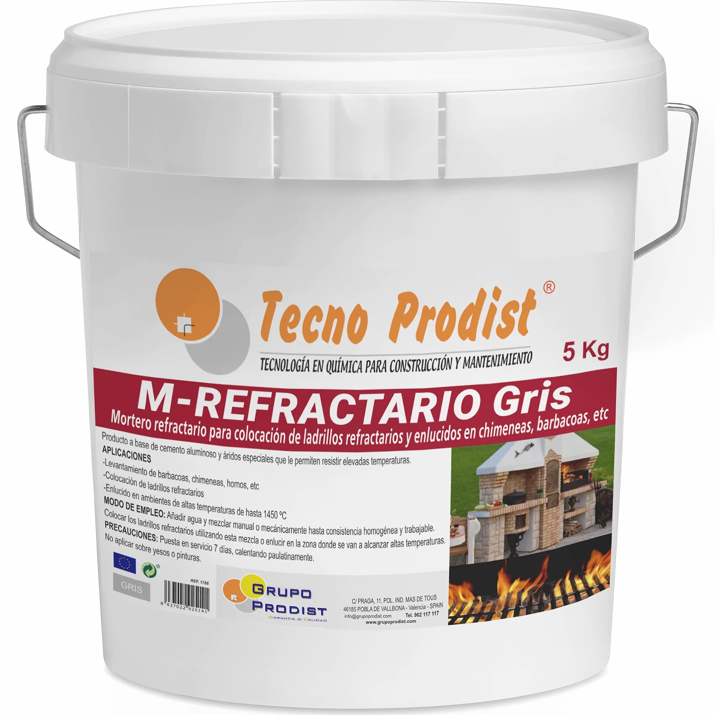 M-REFRACTARIO GRIS de Tecno Prodist - (5 kg) Mortero refractario especial para ladrillos refractarios y enlucidos en zonas que alcancen altas temperaturas como barbacoas, hornos o chimeneas.