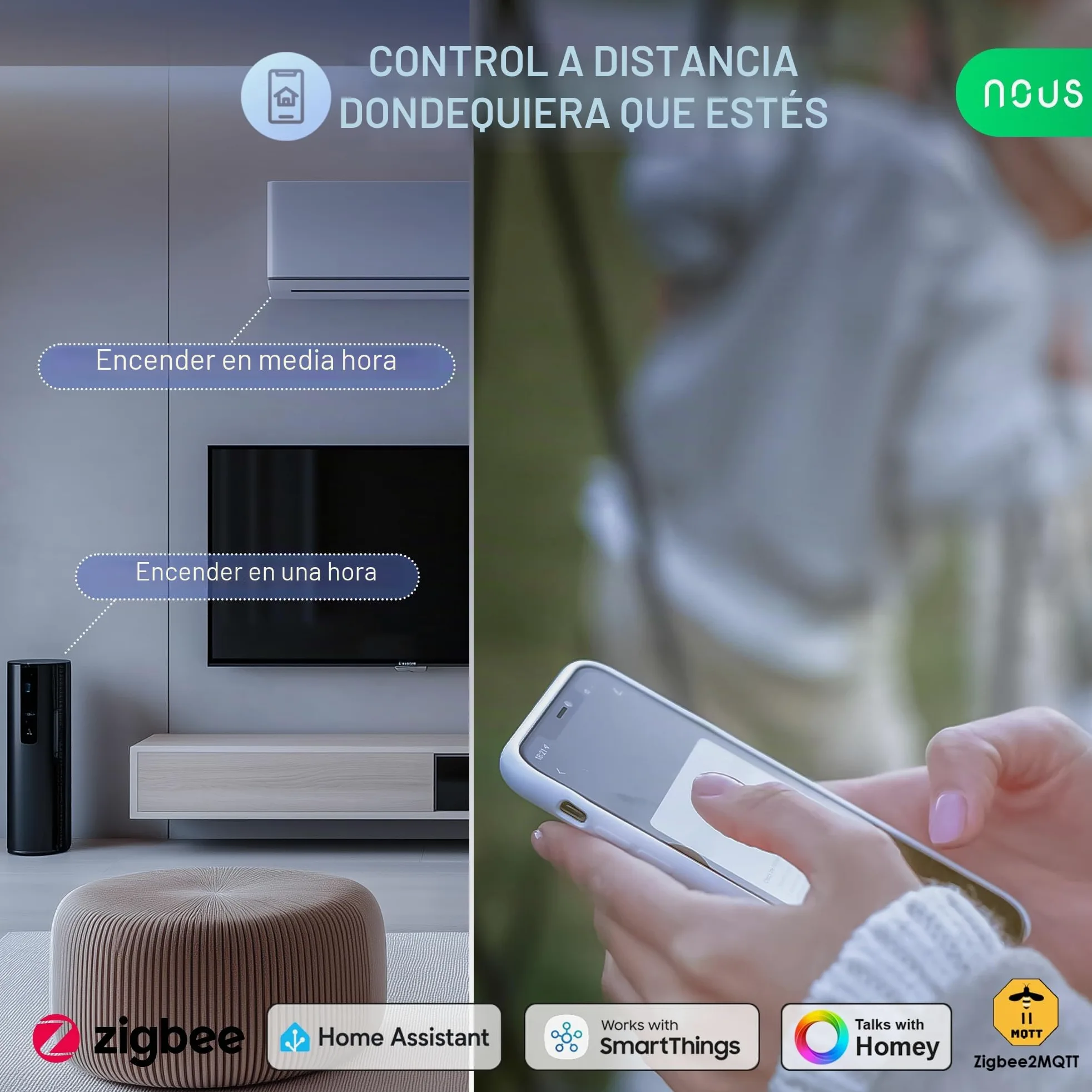 NOUS A7Z ZigBee Smart Socket con Monitorización de Energía, 16A, App y control por voz, Temporizador y Horarios, Compatible con Alexa, Google Home, Home Assistant, Tuya, Requiere ZigBee Hub, Pack of 2