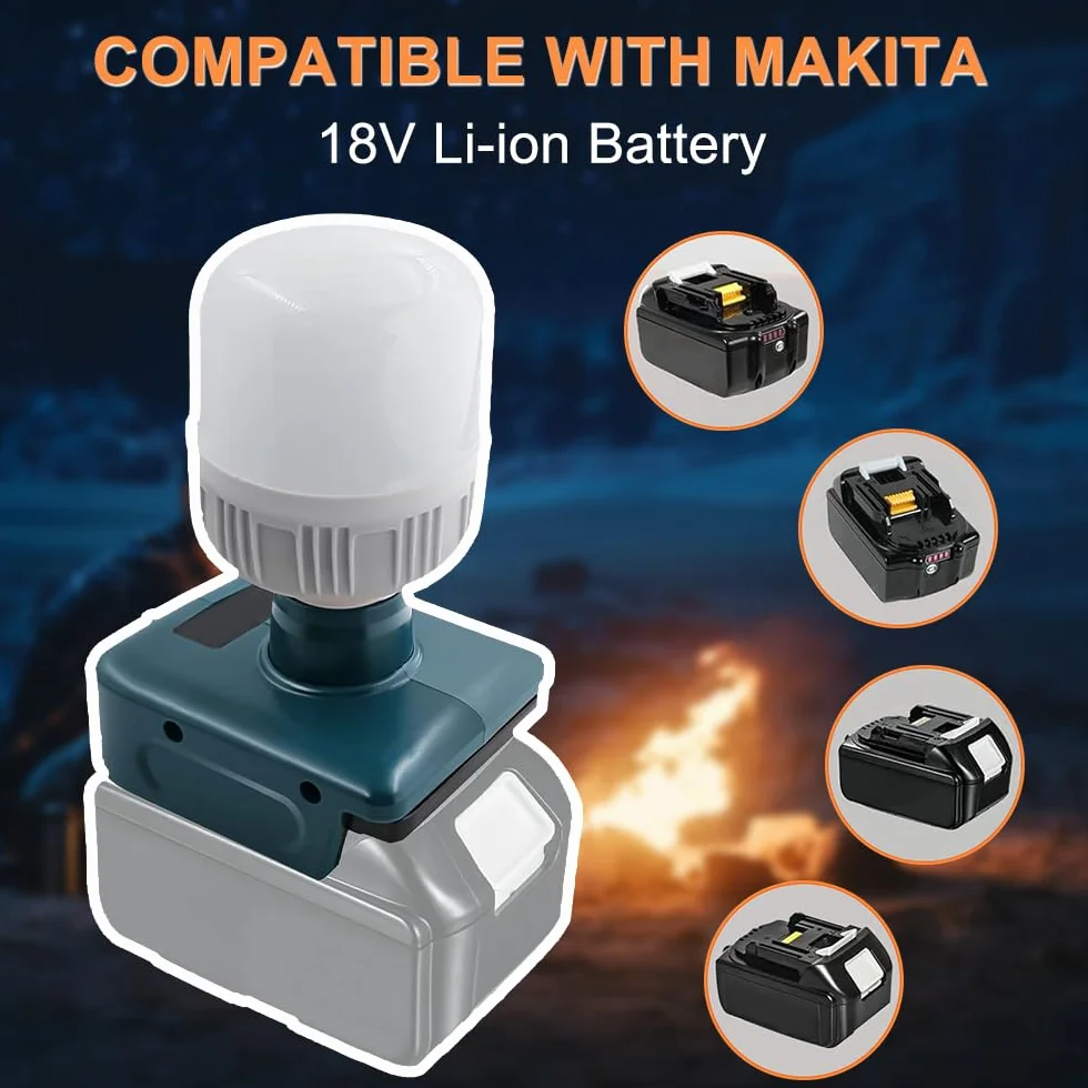Lámpara de Batería para Makita Batería 18V, Afenau 12W luz de Trabajo con Bombillas E27 Ajustable 350-1300LM, Lámpara Portátil para Obra, Foco de Construcción LED para Batería 18V
