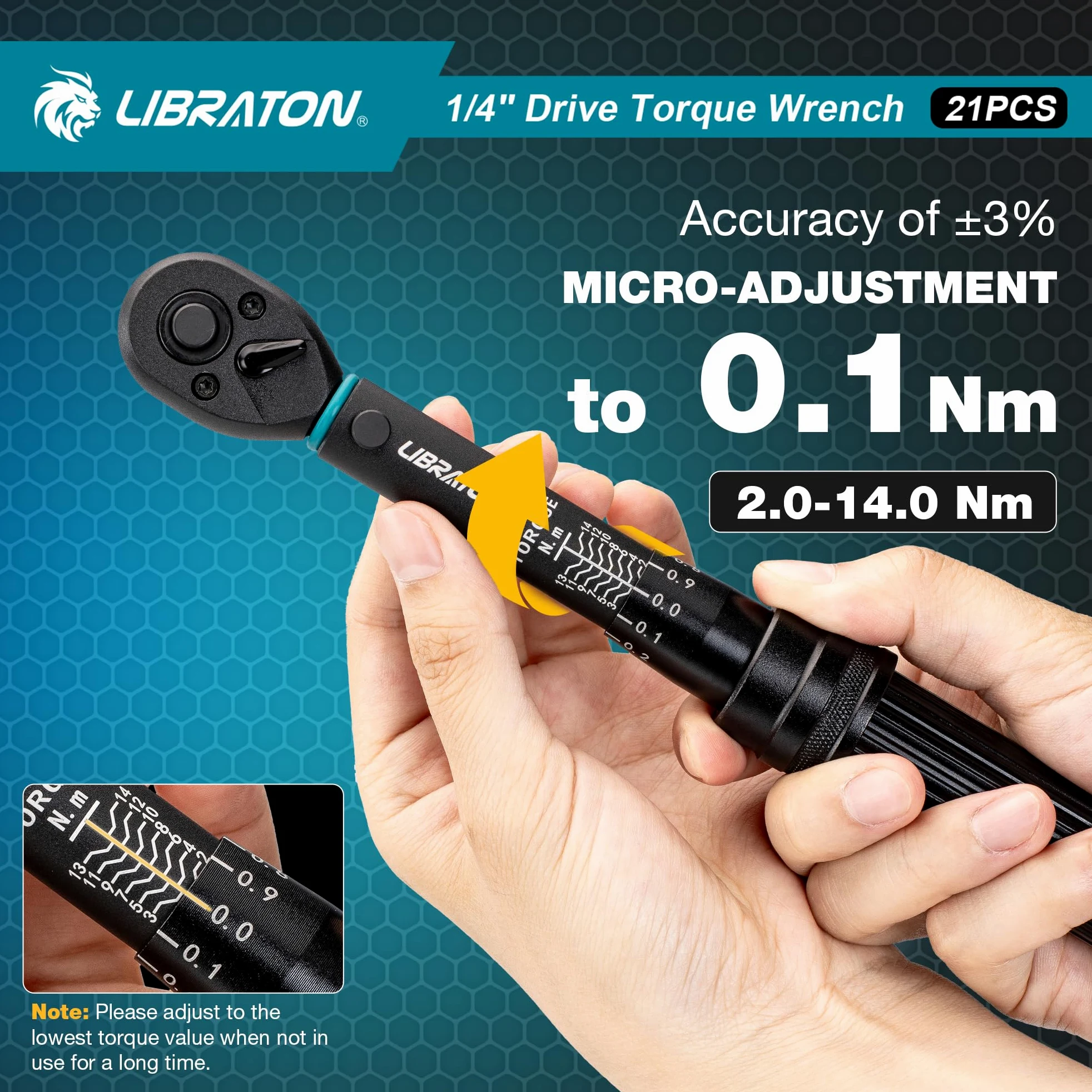 LIBRATON Llave Dinamométrica 1/4", 2-14 Nm Llave Dinamometrica Bicicleta, 72 Dientes, Micro Click de 0,1 Nm, Puntas Hex y Torx, Destornilladores de Tuercas, Adaptadores de Cuadrada a 1/4" Hex