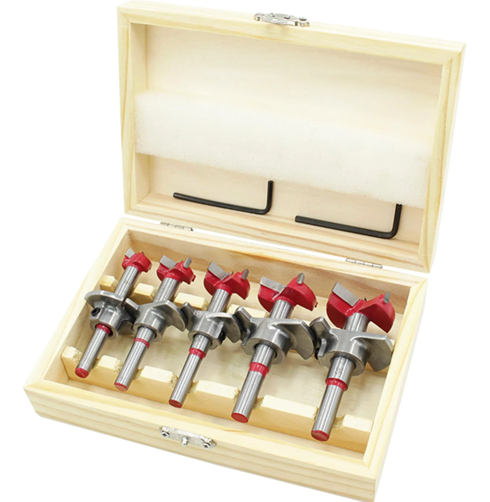 Juego de brocas Forstner, 5 piezas, 15 mm, 20 mm, 25 mm, 30 mm, 35 mm, acero al carbono, posicionamiento ajustable, para trabajar la madera, broca para bisagras, broca para madera blanda y