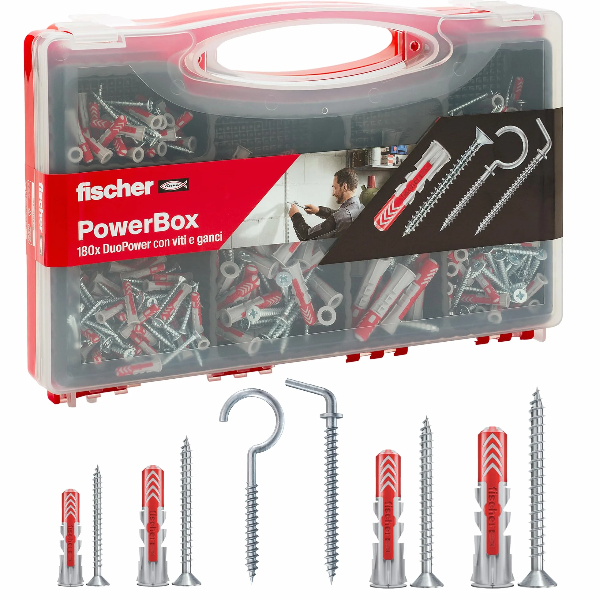 Fischer PowerBox 564282 - Tacos DuoPower con tornillos y ganchos, para pared completa, perforados y cartón yeso, 360 unidades en total, 180 unidades
