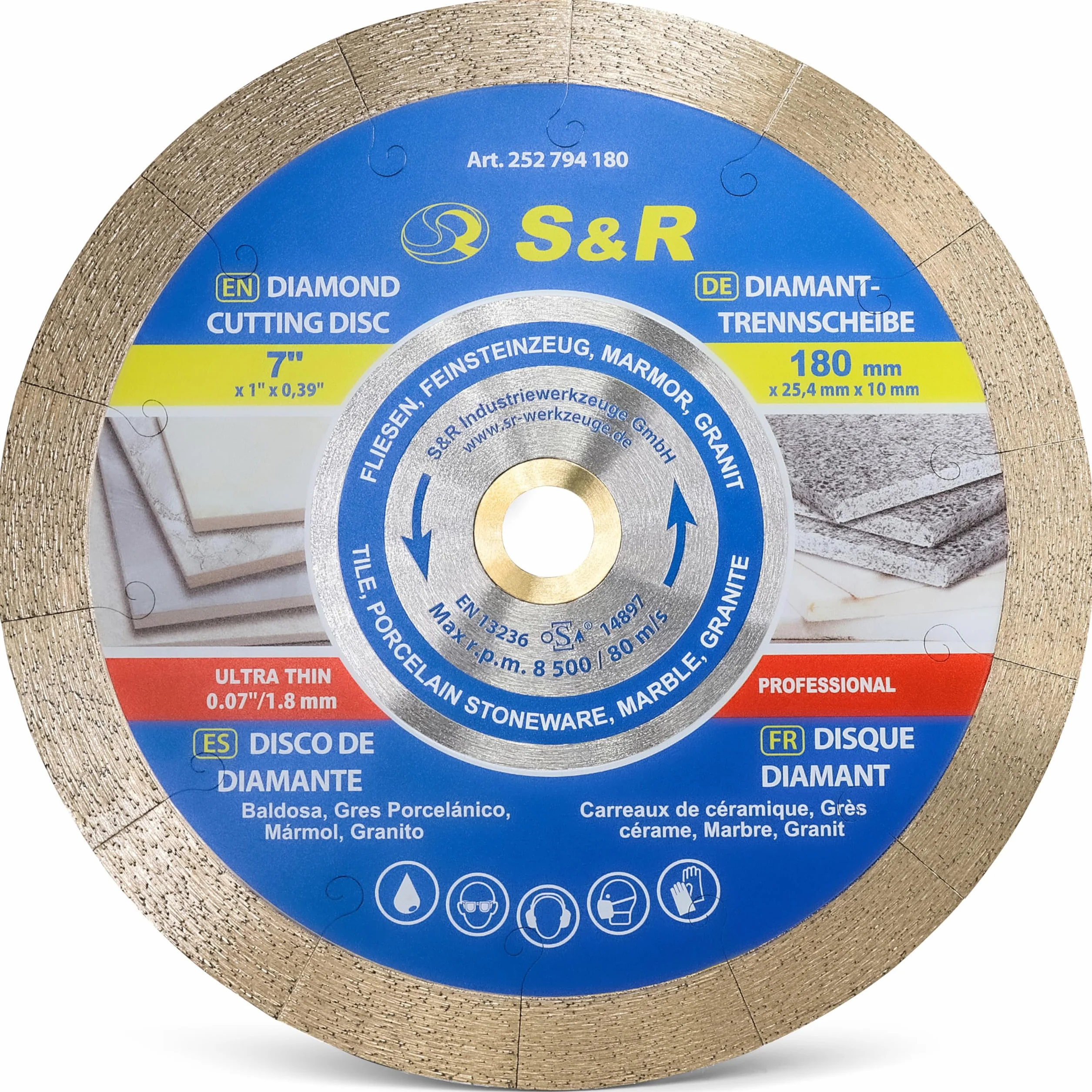 S&R Disco de corte de Diamante 180 x 25,4 x 7 mm (1,6 mm extra fino) para Azuleos Cerámica Baldosas Granito y mármol. Disco profesional ultrafino para amoladoras de tabla
