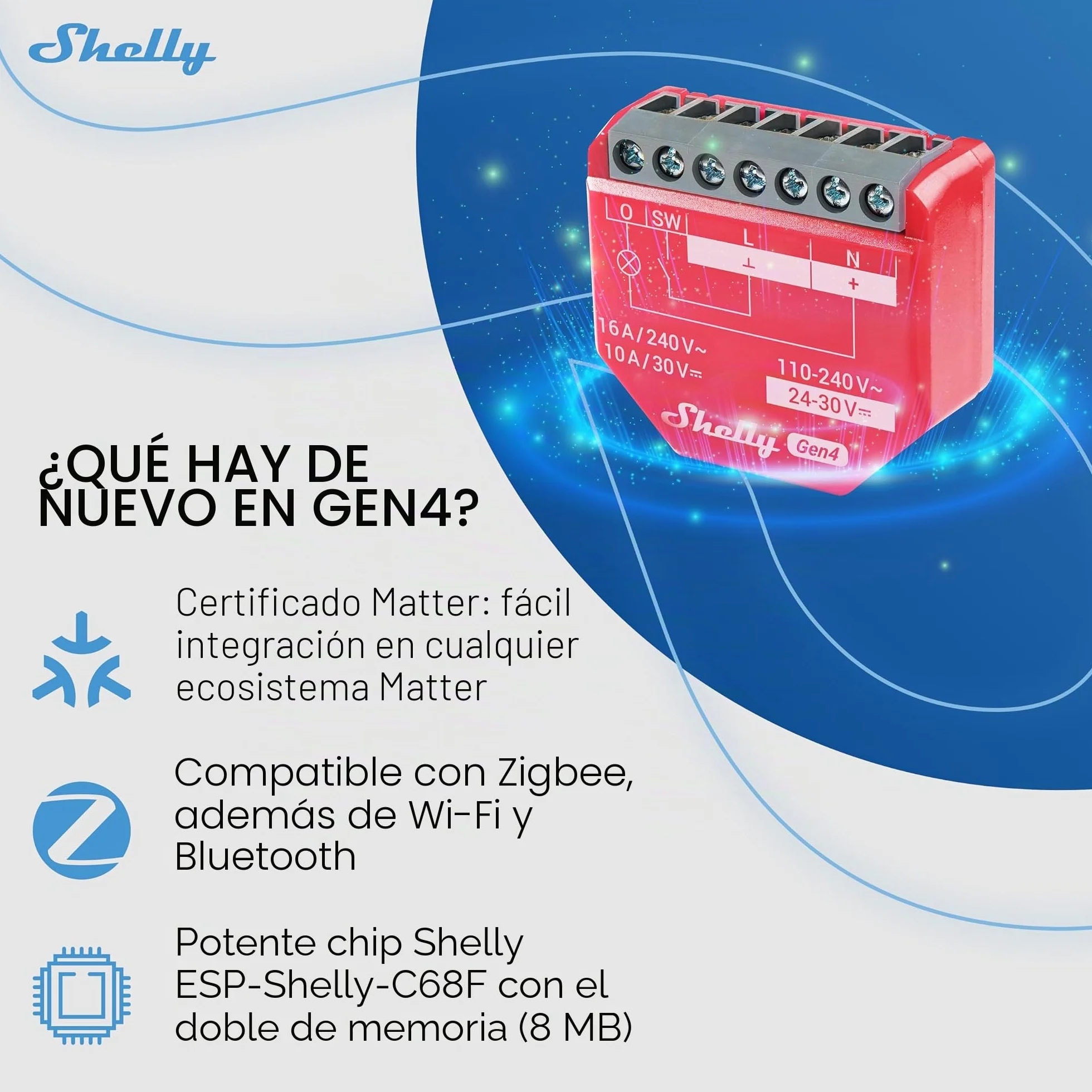 Shelly 1PM Gen4 Módulo interruptor inalámbrico Matter Zigbee Wi-Fi 1 canal 16A Medición de consumo Relé de luz Control app voz Alexa Google Apple HomeKit 4 Piezas