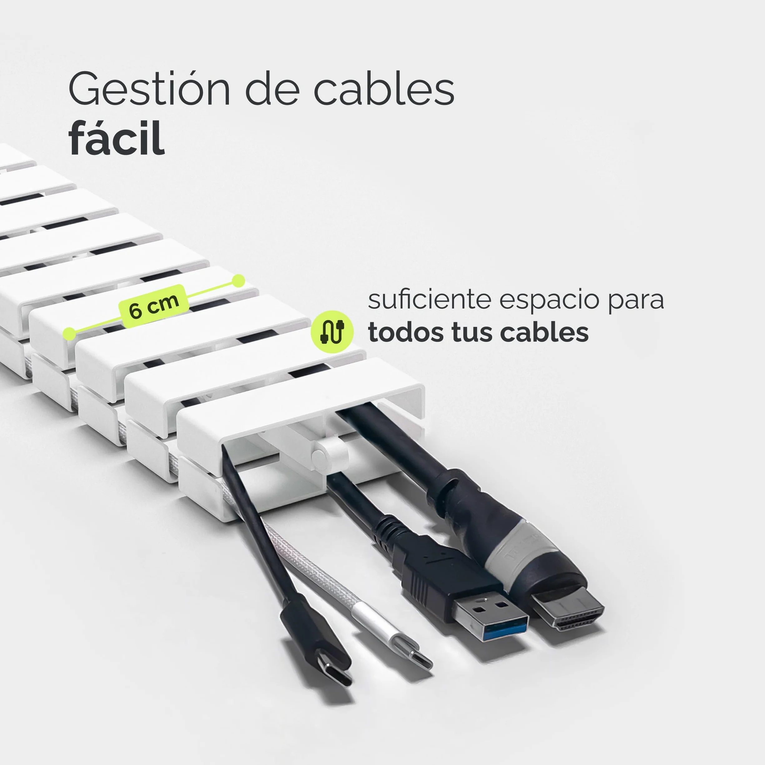 VALU Organizador de Cables Escritorio Premium – Cable Management 128 cm Flexible para Escritorio Regulable – Montaje con Tornillos o Adhesivo – 4 imanes y 3 organizadores incluidos