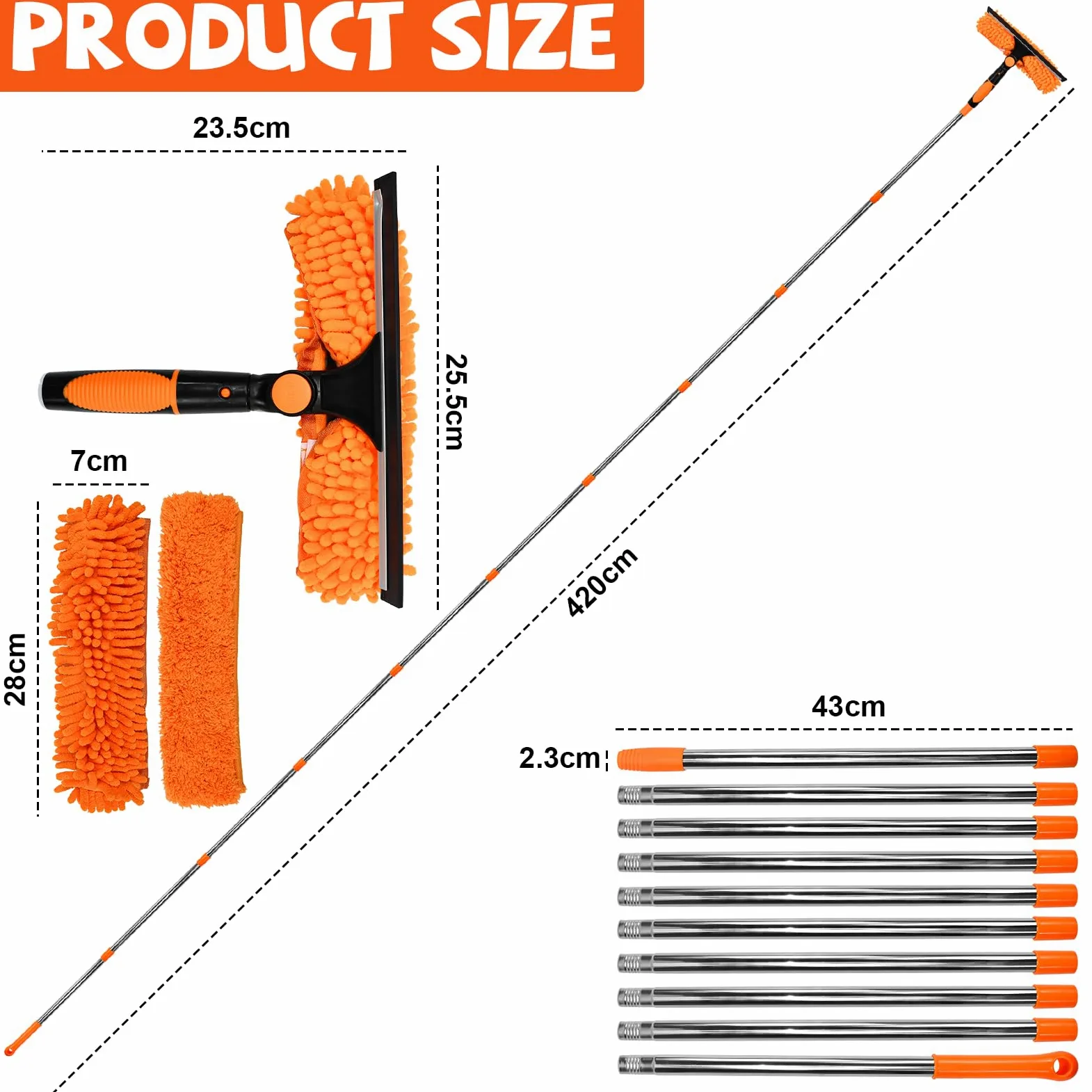 Limpiacristales con Mango Extensible de 24-450cm, Limpiador de Ventanas Telescópico con Escobilla de Silicona y Paños de Microfibra, Limpia Cristales con Mango Largo para Ventanas