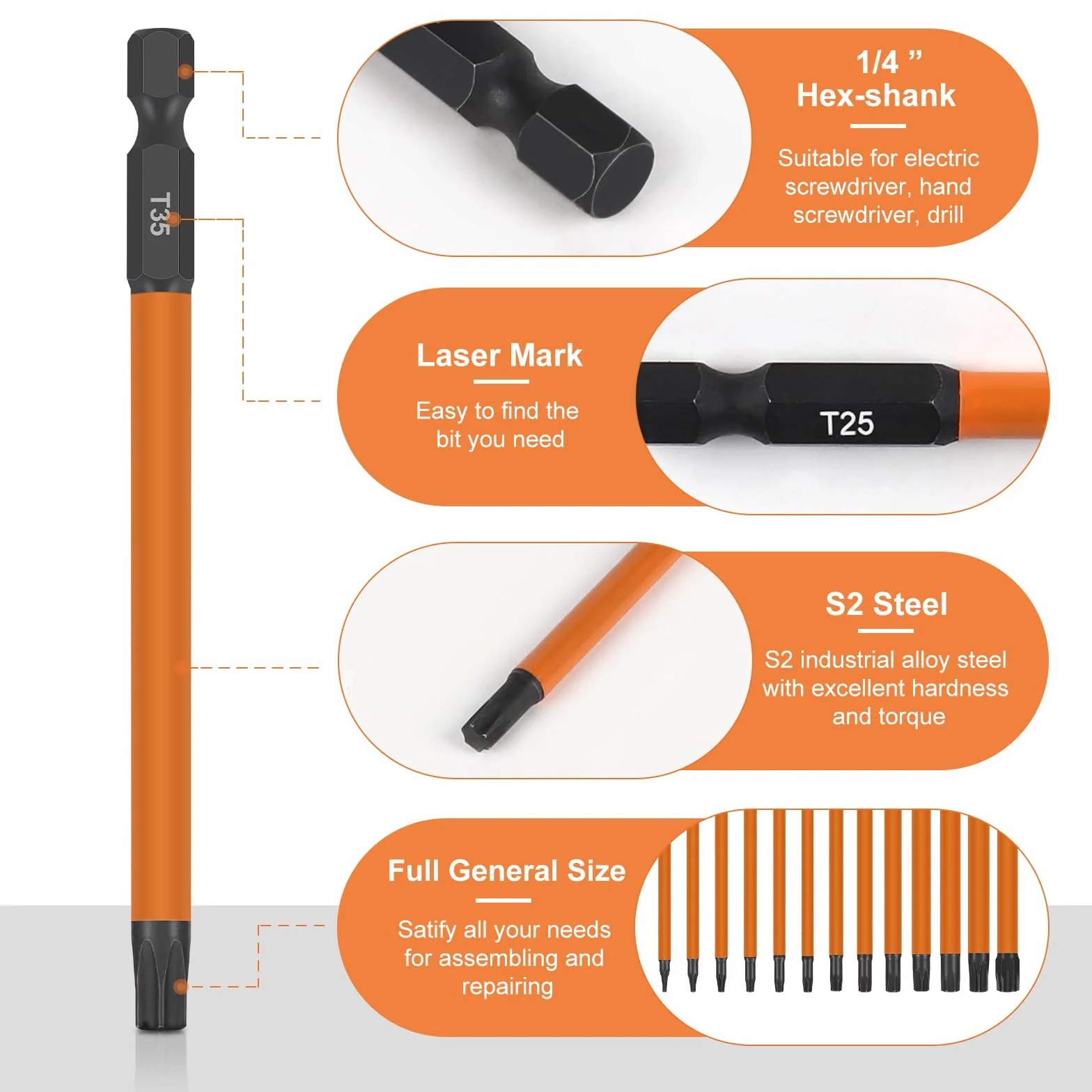 EFUTURETIME Juego de Destornilladores Torx 100mm, T5 T6 T7 T8 T9 T10 T15 T20 T25 T27 T30 T35 T40, 13pcs Destornilladores Torx Largos Magnético con Atornillador Manual, Acero S2