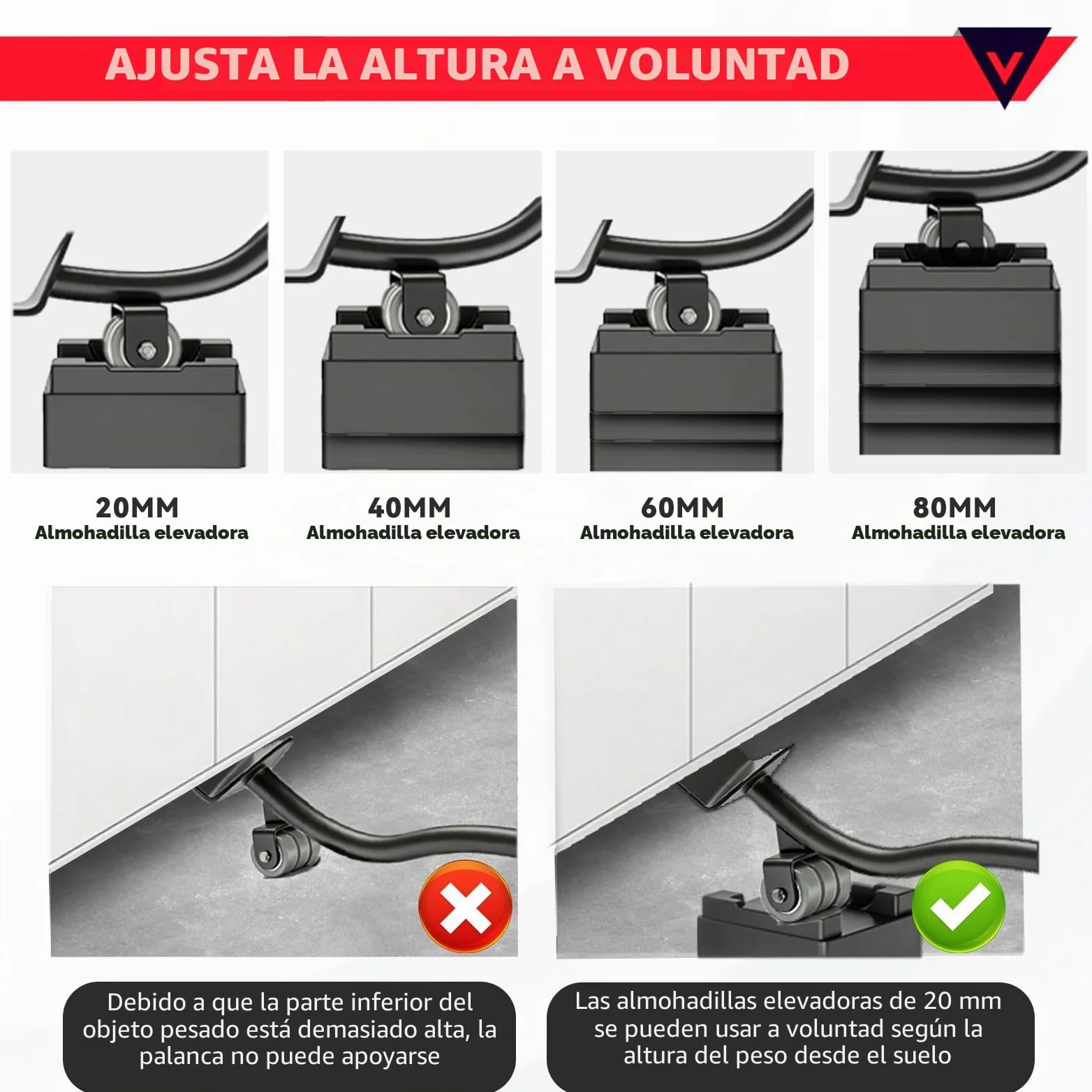 Juego de Elevador de Muebles, Ruedas para Mover Muebles con Barra de Extensión de 630 mm, 4 Ruedas 360 Grados para Muebles, Carga Máxima 500 kg, para Mover Refrigeradores, Sofás, Lavadoras, etc.