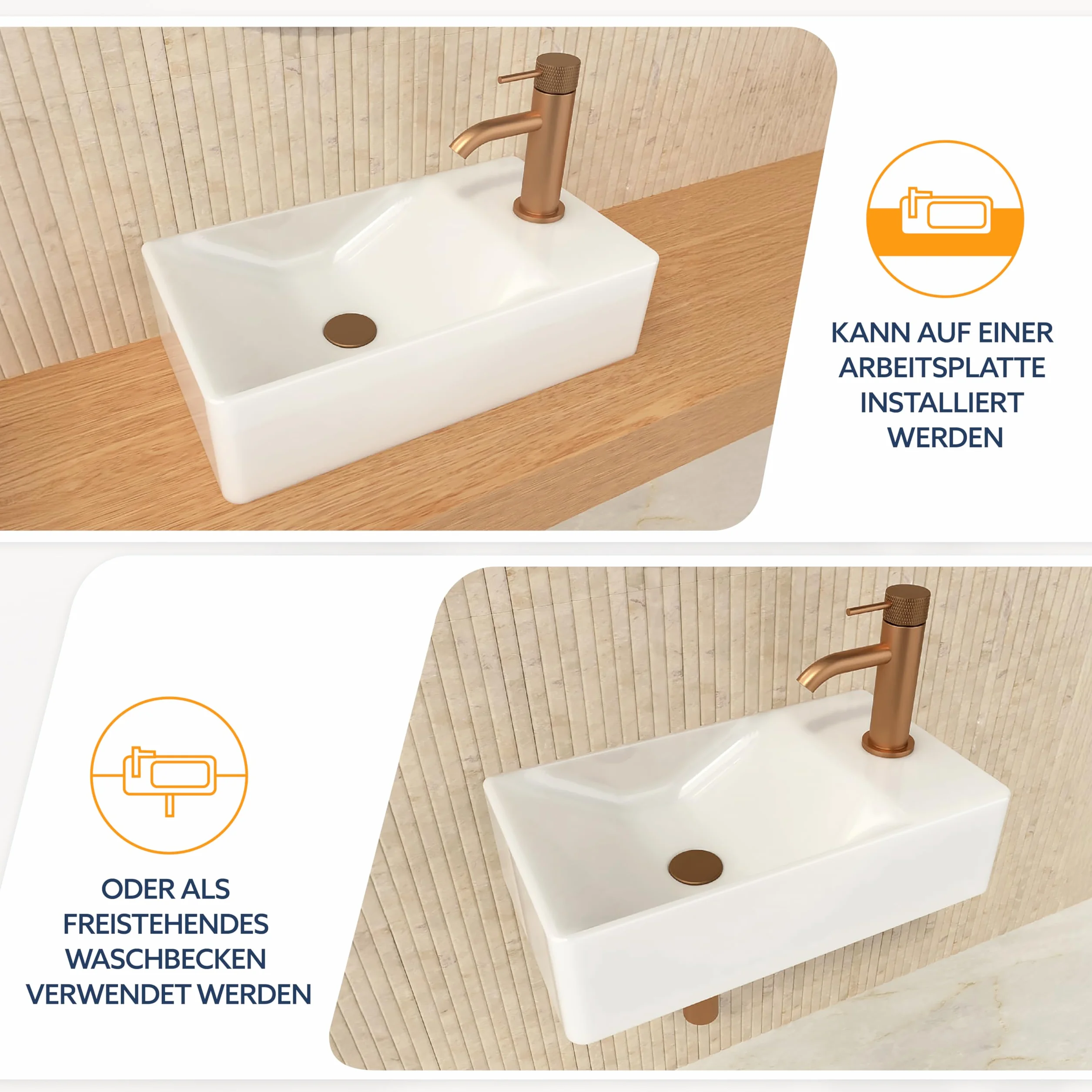 HOGART lavabo pequeño baño 38x22 cm, lavabo cerámica rectangular, lavabo suspendido pared o sobre encimera, con orificio para grifo, sin rebosadero, aseo invitados moderno (38x22cm (L))