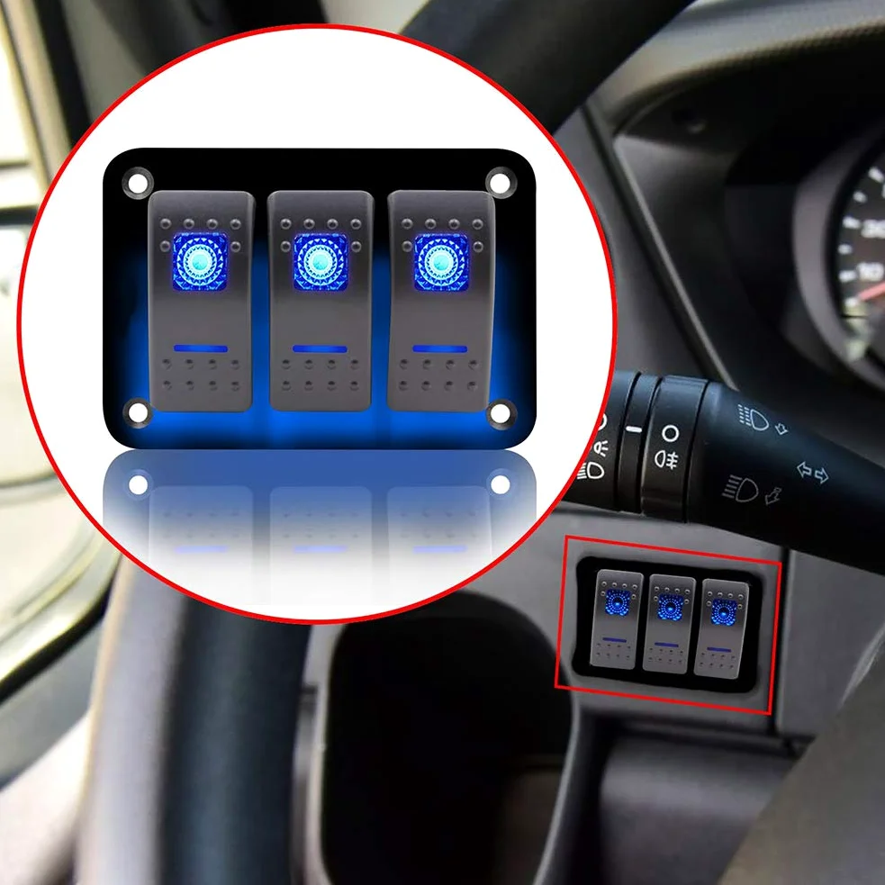 Geloo Panel de Interruptores de 3Gang Universales de Aluminio de 12V Interruptor Basculante Precableado 5 pines Encendido/Apagado Azul LED Retroiluminados