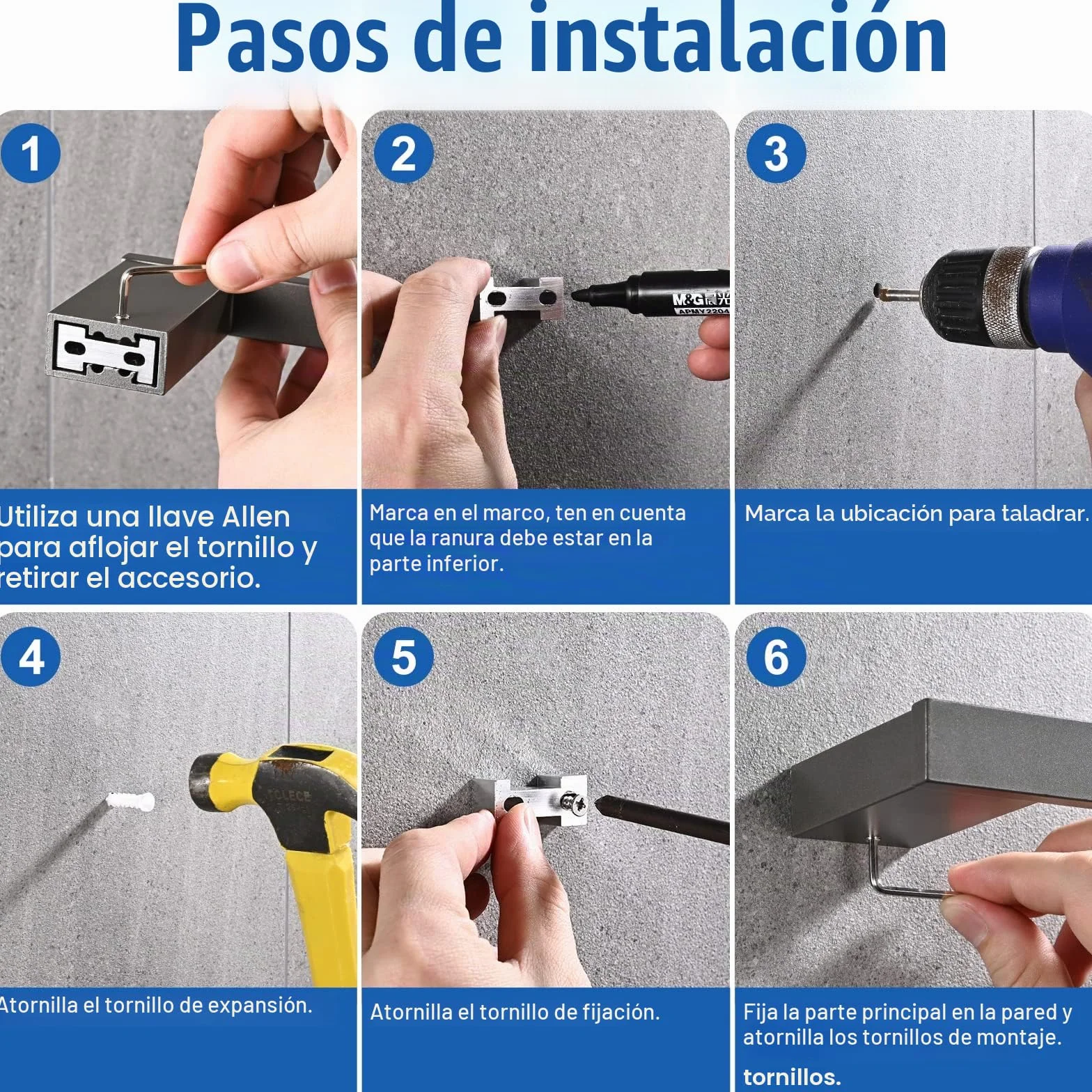 Toalleros de Baño 5 Piezas con Ganchos, Papel Higiénico Instalación de Superficie, Acabado Cepillado Plata