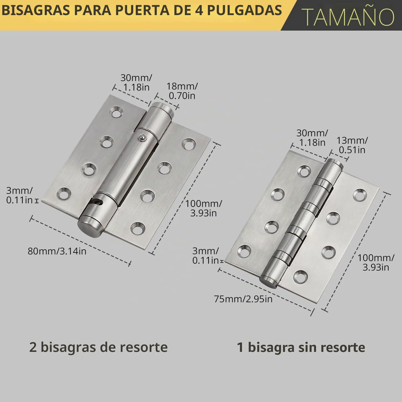 AMTOVL Bisagras para Puerta 4” 3PCs Bisagras de Acero Inoxidable con Resorte Ajustable Soporta Hasta 35KG Bisagras Plegables 100mm x 76mm x 3mm con Tornillos de Montaje para Mueble Puerta de Fuego