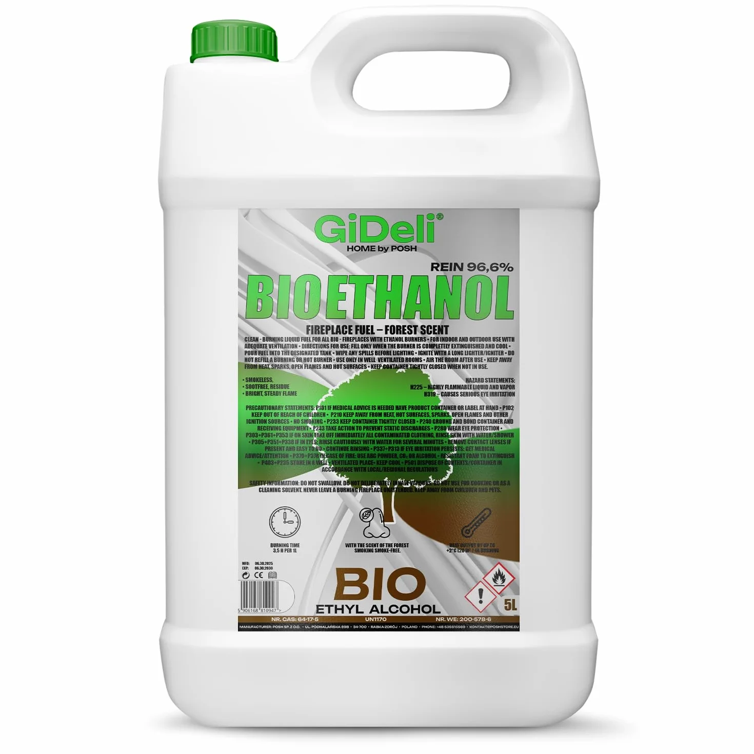 GiDeli bioetanol 5 l aroma de bosque 96,6% etanol para chimeneas interiores y exteriores sin humo ni hollín - hecho de maíz y remolacha azucarera