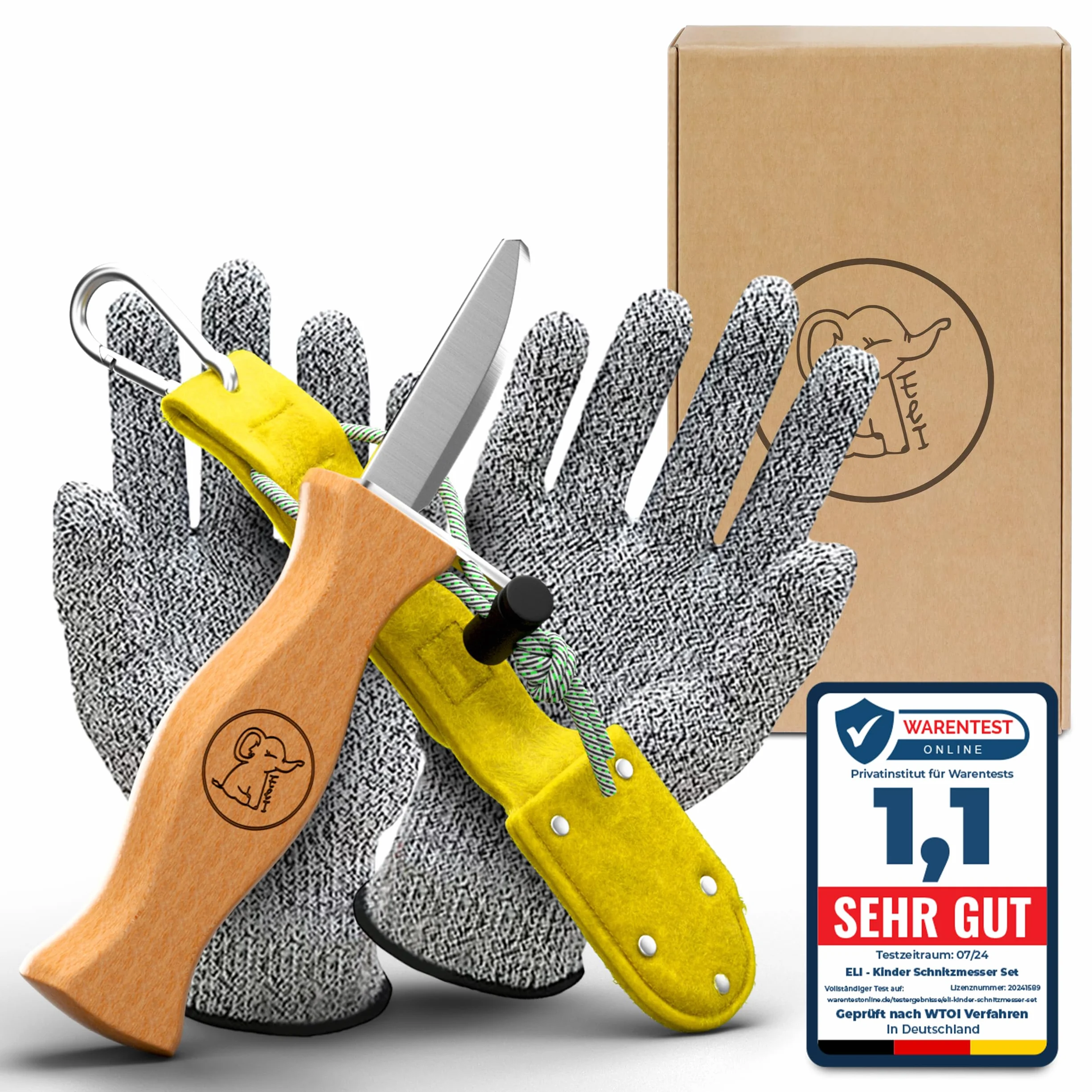 Eli® Cuchillo de Tallado para Niños con Funda de Fieltro desde 6 Años – Cuchillo Infantil Set de Tallado incl. Guantes Resistentes a Cortes – Cuchillo de Talla para Niños – Herramienta de Tallado