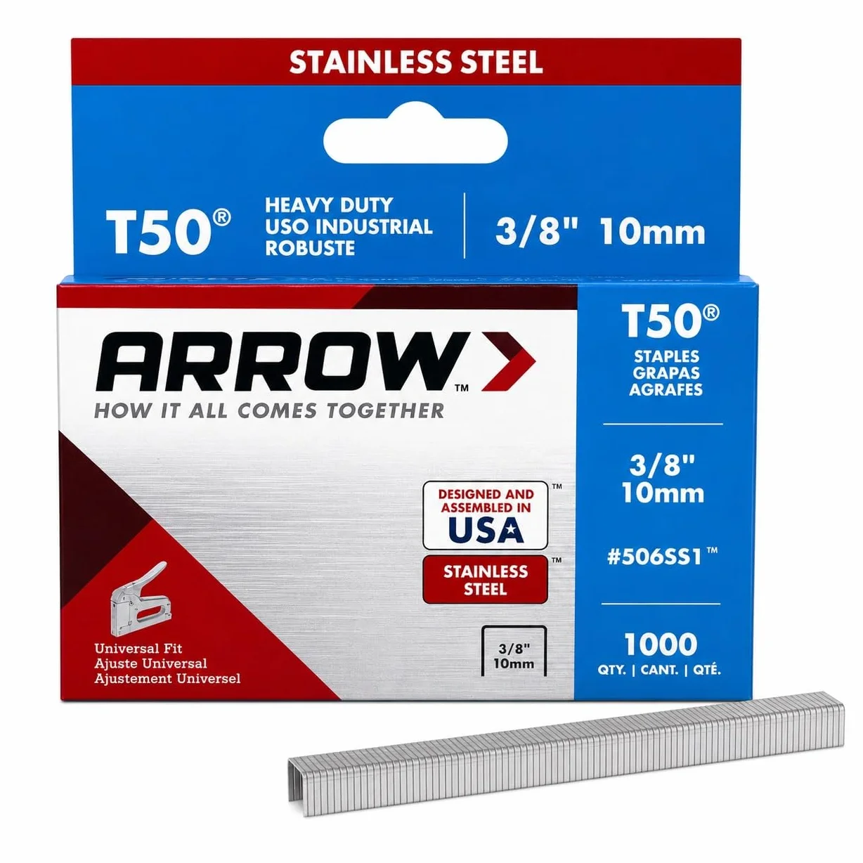 Arrow ARRT5038SS - Caja de grapas t50 5000 - acero inoxidable de 3/8 pulg