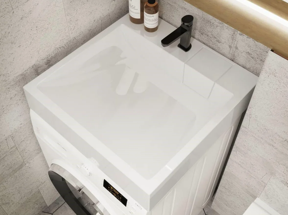 Lavabo TALLINN piedra, suspendido pared sobre lavadora. L60xW60x12 cm, peso 19 kg. Material: mezcla de materiales minerales naturales y resina. Superficie brillante extremadamente solido