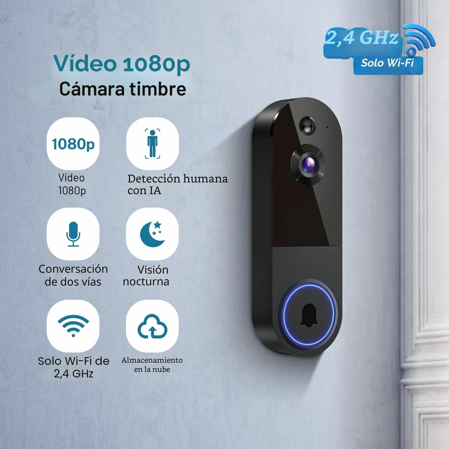 Cámara de timbre de video inalámbrica de 1080P, detección humana AI, visión nocturna, audio de 2 vías, funciona con pilas, almacenamiento en la nube, WiFi de 2,4 G, vigilancia interior y