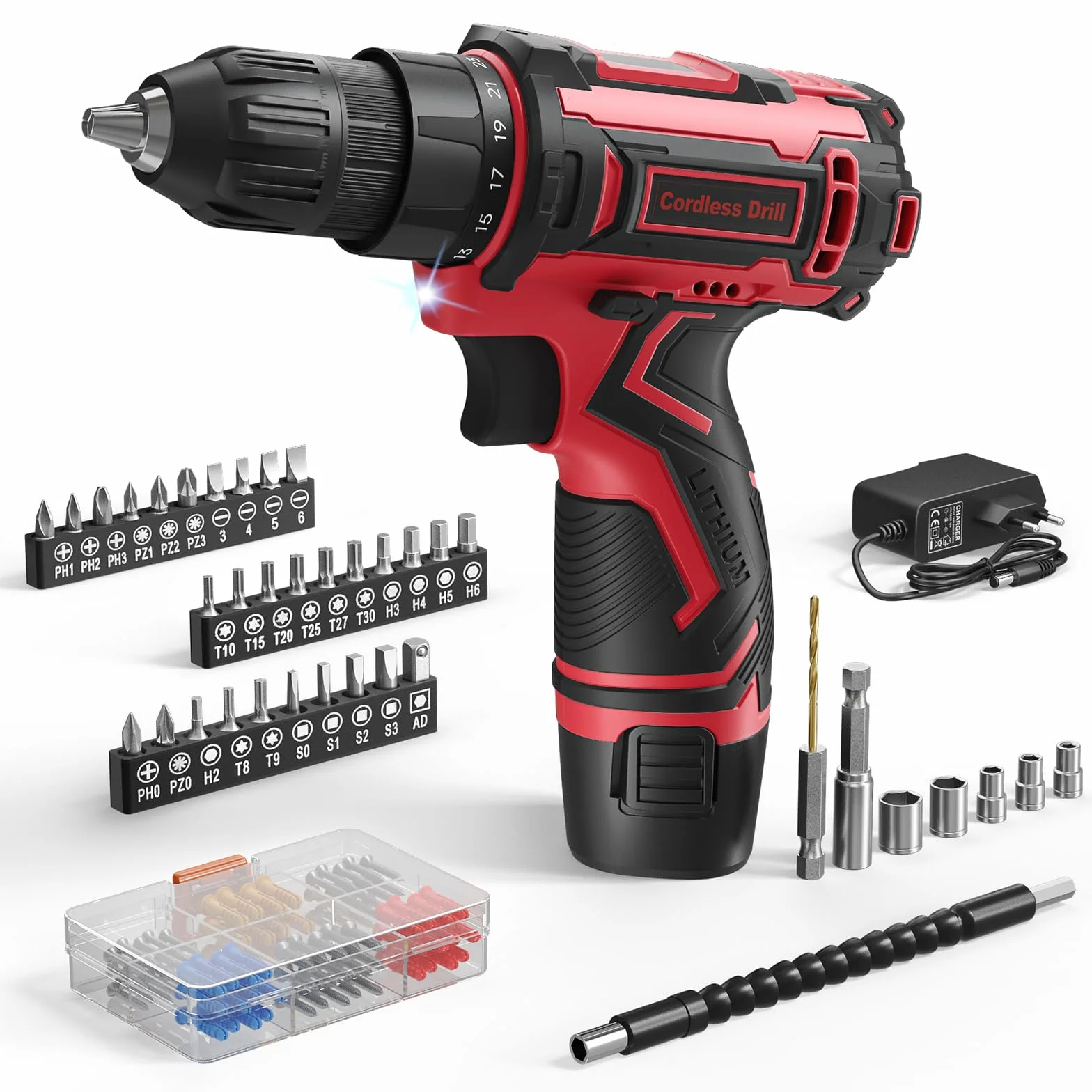 12V Destornillador Electrico, Taladro Atornillador Batería Max 25NM, 98 Accesorios Atornillador Electrico, 25+1 Par, LED Luz, Baterías 2000mAh, Portabrocas 10mm, para Reparación y DIY Red