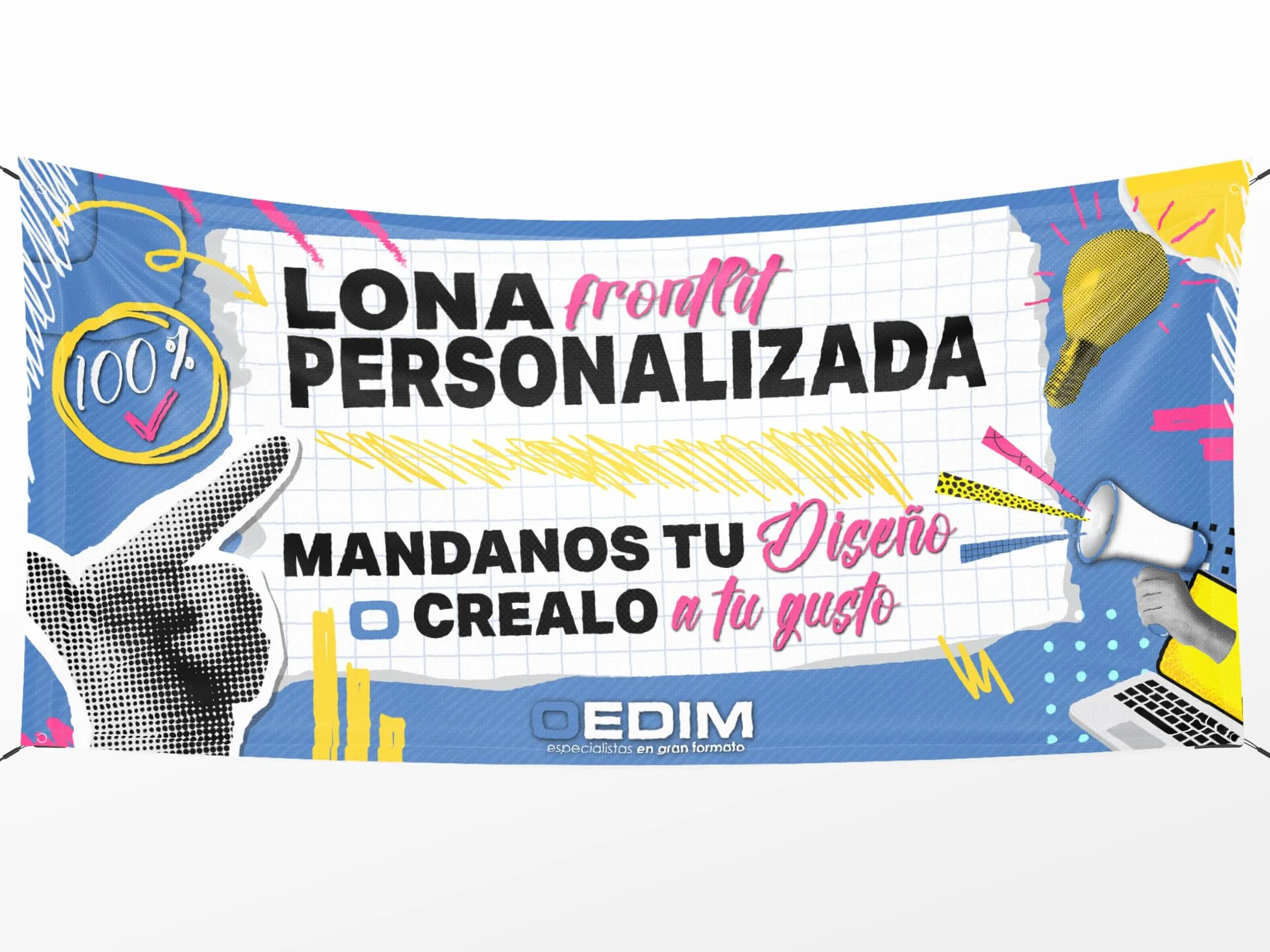 Oedim Lona Publicitaria Personalizada, Pancarta Ideal para Publicidad, 150x100cm, Fabricada en Lona Frontlit 400gr, Incluye Ojales, Resistente al Agua y Al Sol-