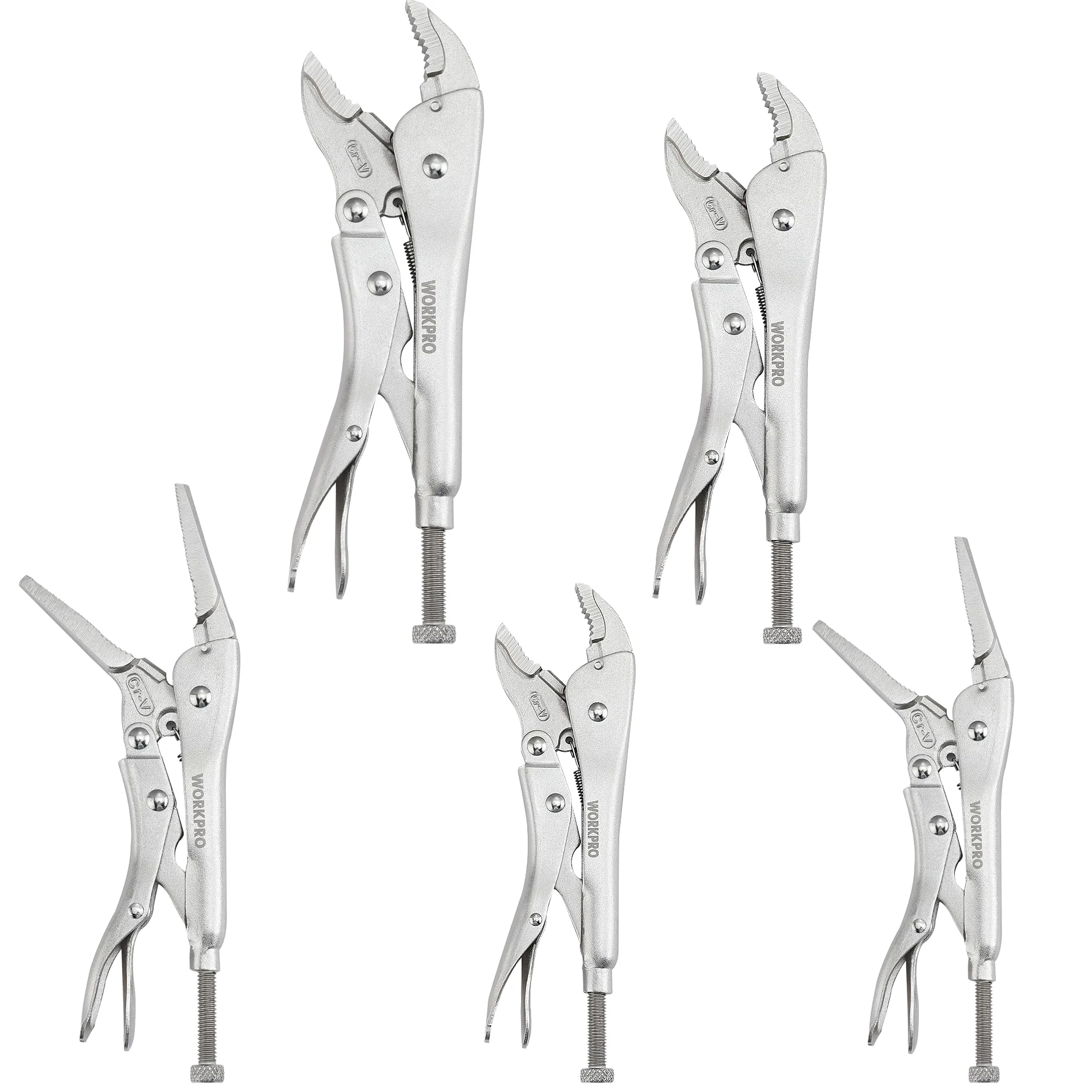 WORKPRO 5 Piezas Juego de Alicates de Bloqueo, Pinzas de Presión Acero Cr-V, Alicates de Fijación, Mandíbula Curvada de 15cm, 20cm y 27cm, Mandíbula Recta de 30cm y 32cm