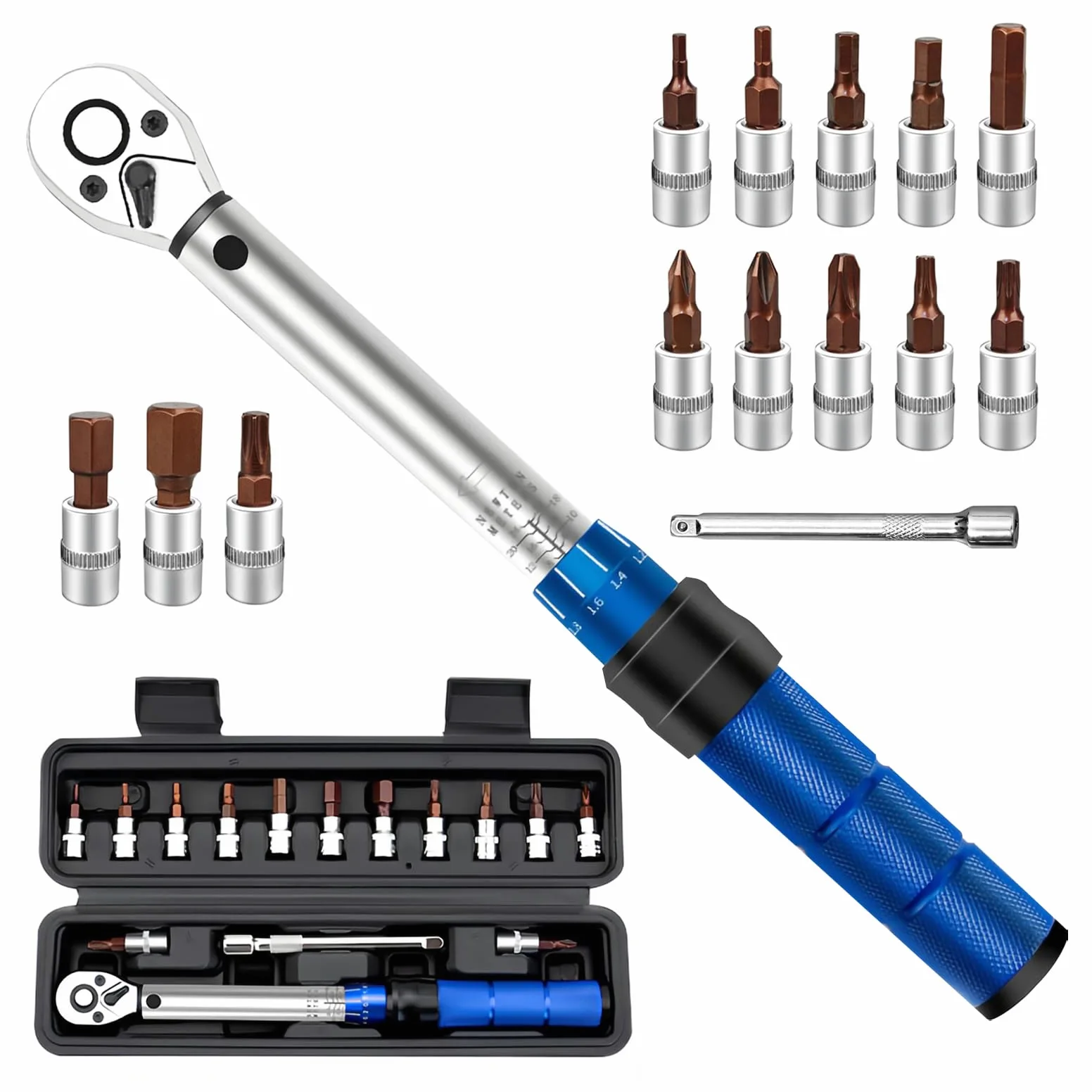 15 Piezas Llave Dinamometrica 1/4'' 2-24 Nm, Llave Dinamométrica Bicicleta Doble Dirección, Precisión de Error ±3%, Ajustable 72 Dientes con Broca y Varilla de Extensión para Bicicleta, Moto