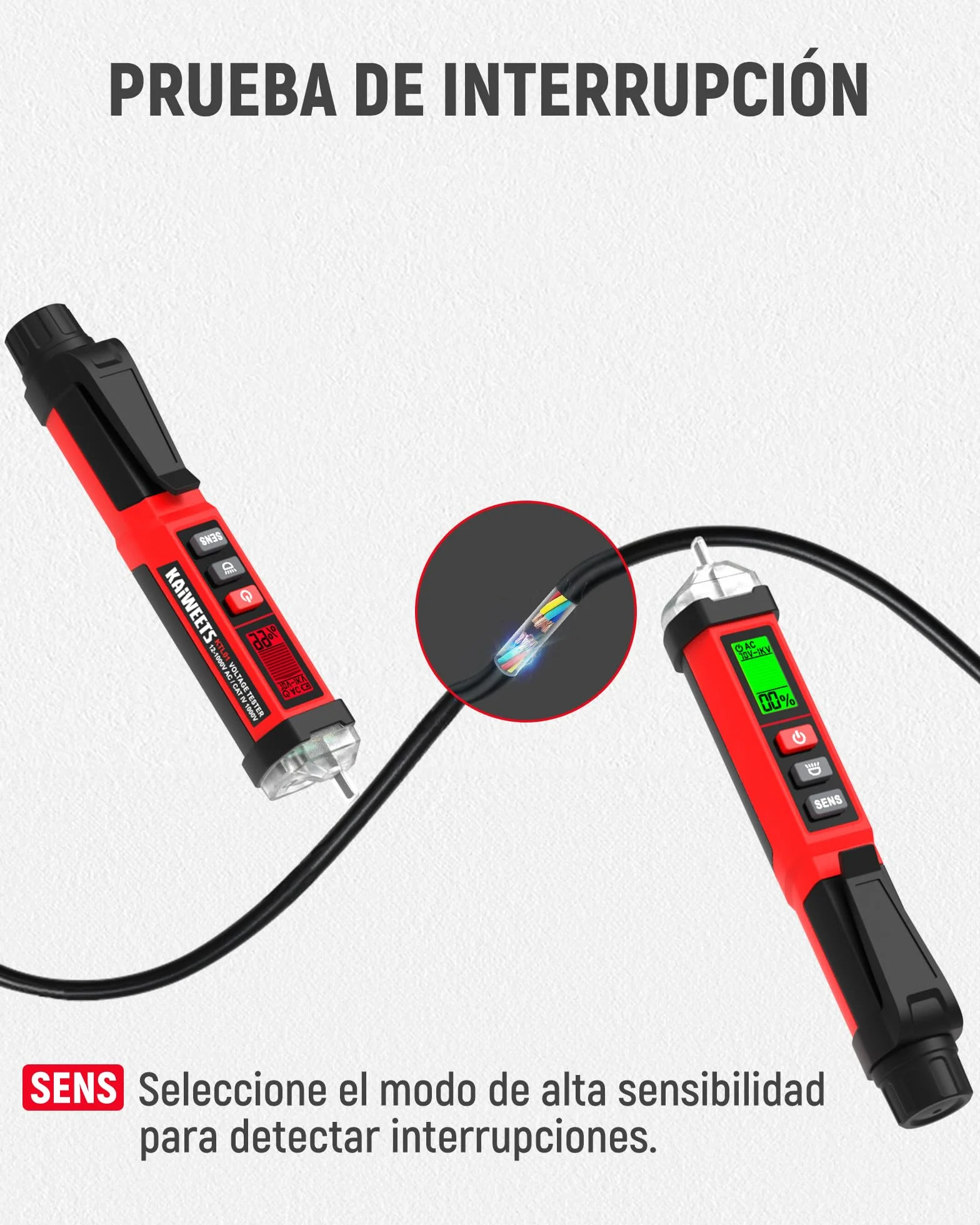 KAIWEETS Detector de Voltaje NCV 12-1000V AC Probador con Pantalla LCD Indicador Señal Alarma Sonora Linterna LED Buscapolos Eléctrico ETL CAT IV