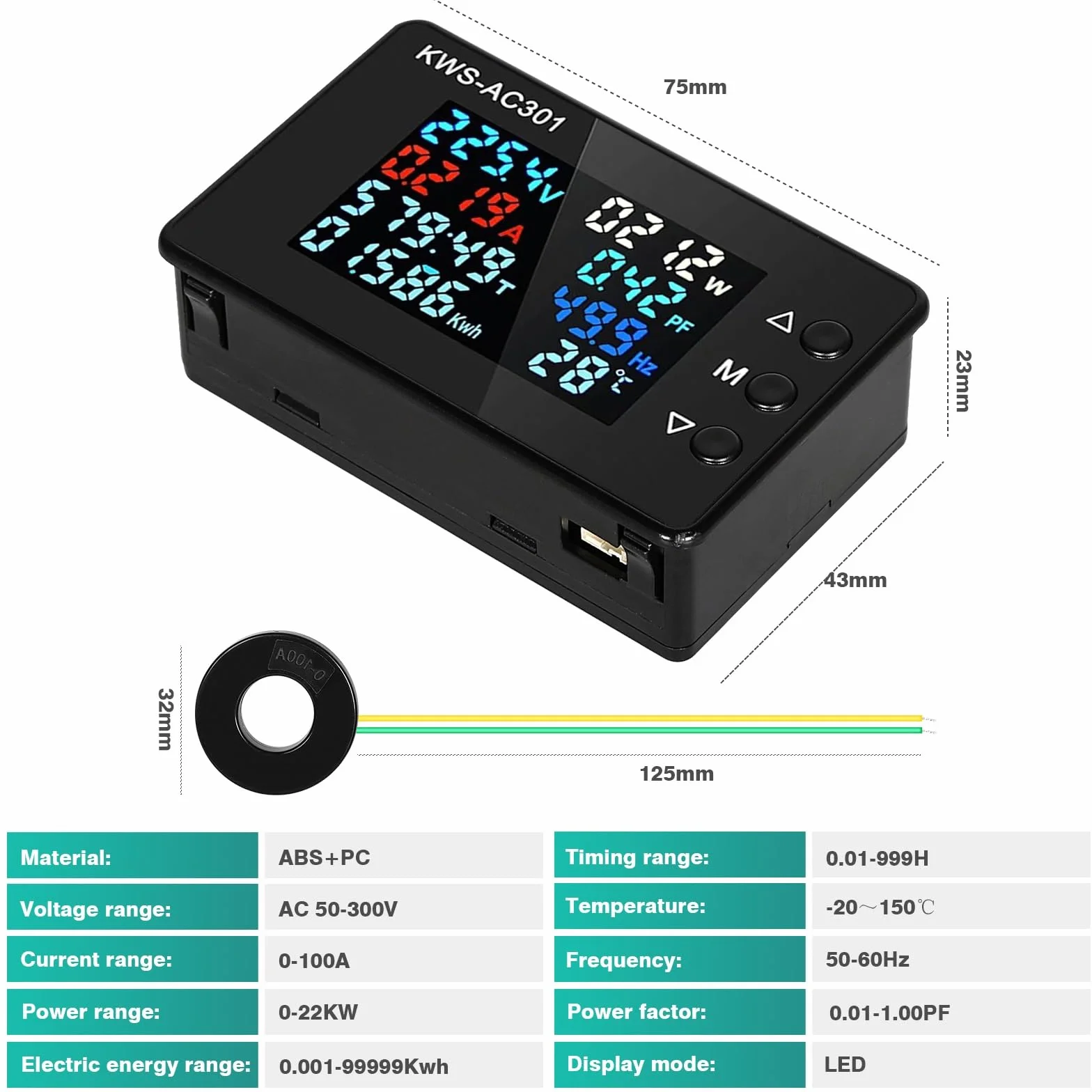 DEWIN Medidor de Consumo Electrico, KWS-AC301 Voltímetro Amperímetro Vatímetro Medidor de Potencia y Energía Medidor Eléctrico Medidor de Electricidad 0-100A CA 50-300V