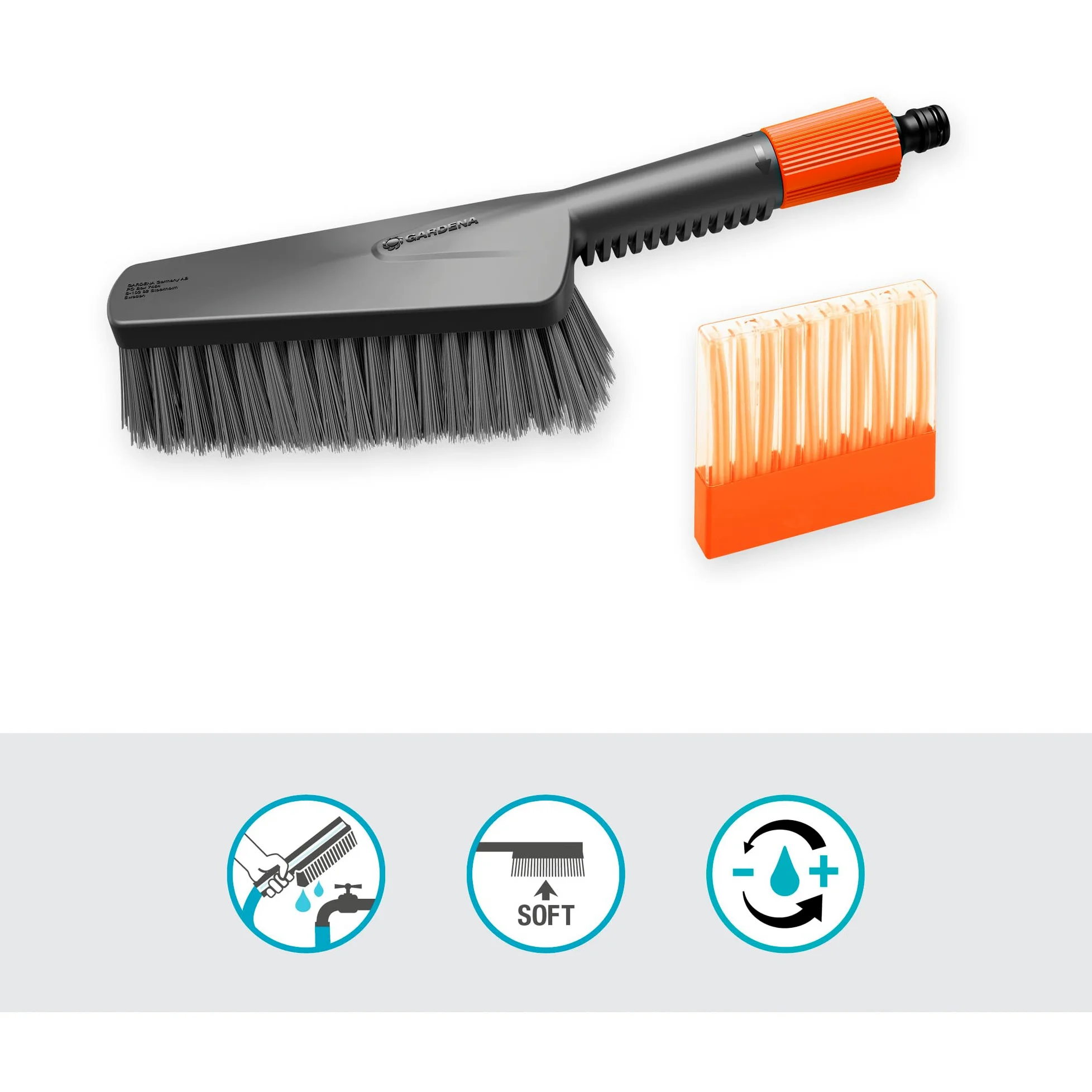 Gardena Cleansystem Juego de Lavado con Cepillo de Mano M Suave: para superficies pequeñas y delicadas, con flujo regulable, incl. barritas de champú para una limpieza eficaz (18863-20)