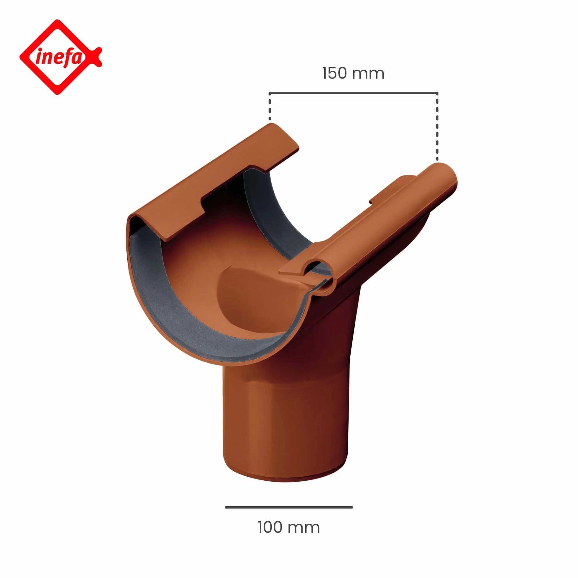 INEFA Conexión de desagüe semicircular, PVC 150/100mm marrón Conexión de enganche accesorios de canalón, fácilmontaje por enchufe,made in Germany