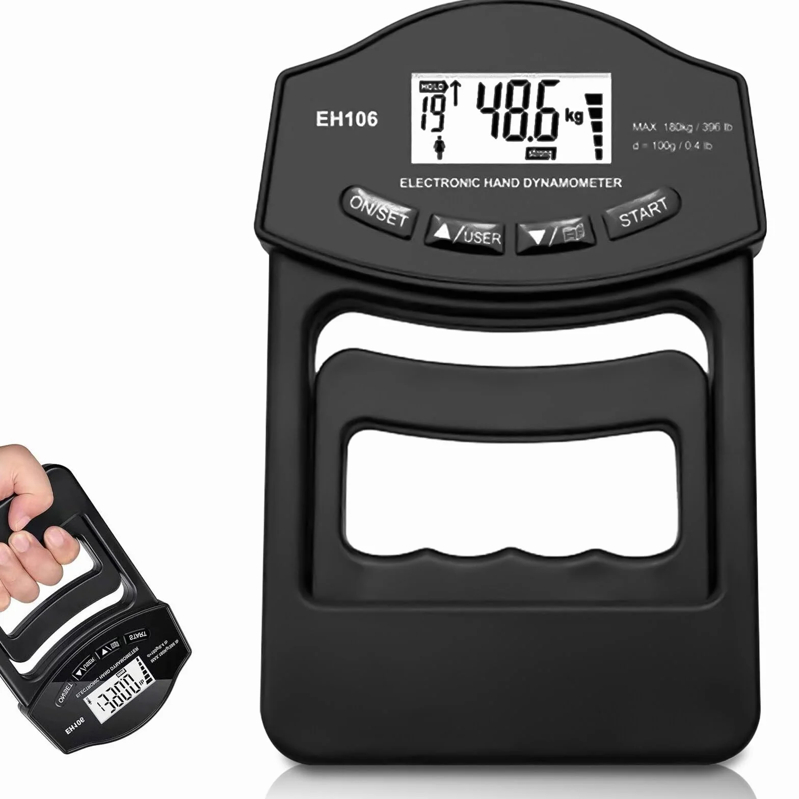 Medidor de fuerza digital de mano, negro, 396 lb/180 kg, dinamómetro de mano con cable de carga USB, agarre electrónico, medidor de fuerza de agarre, pantalla LED, fuerza de entrenamiento, medidor de