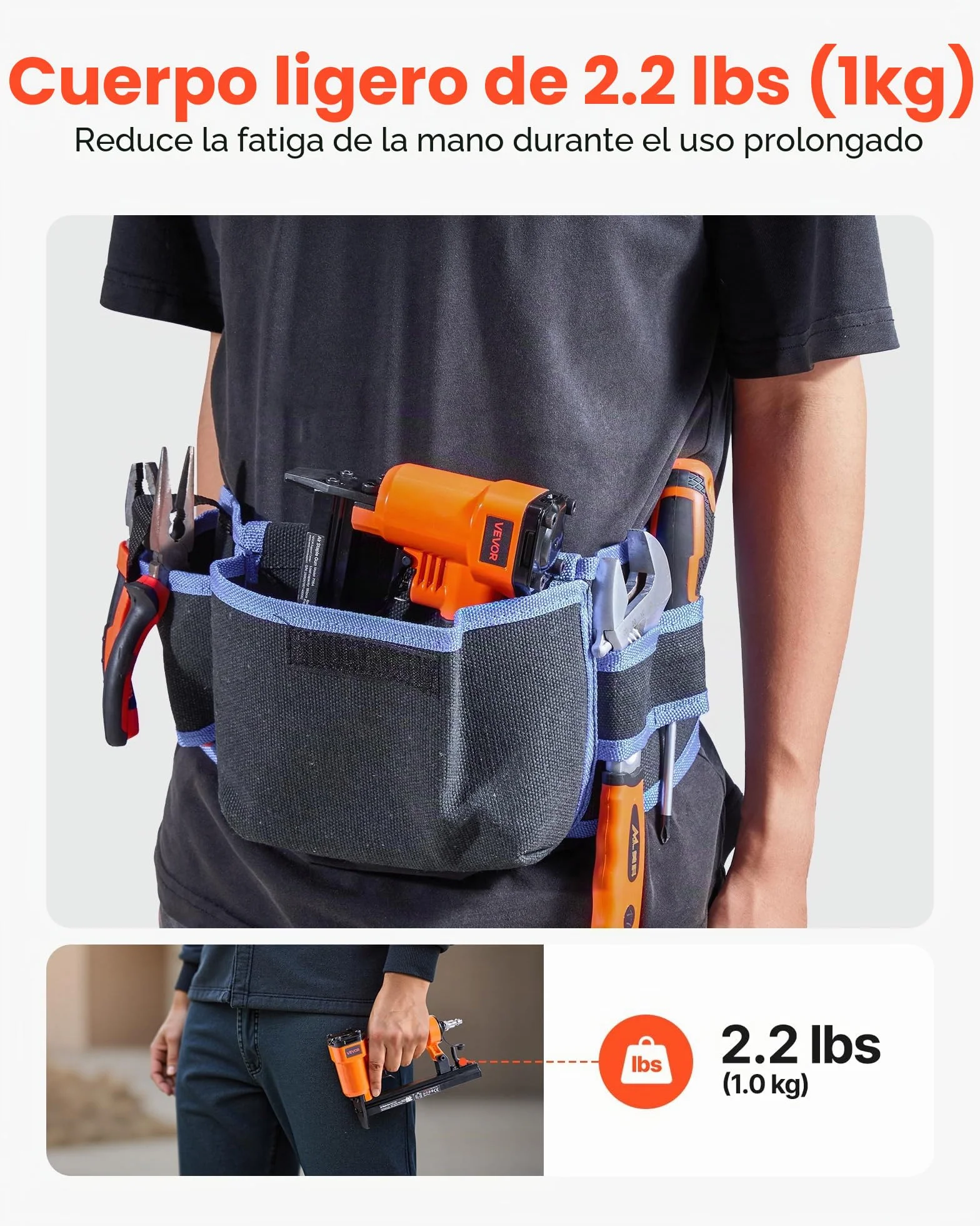 VEVOR Grapadora Neumática Calibre 22, Compatible con Grapas de Alambre Fino Serie 71, Ancho de Corona de 9,1 mm, Longitud de 4-16 mm, 4,8-7,6 bar, para Carpintería y Tapicería, 230 x 45 x 160 mm