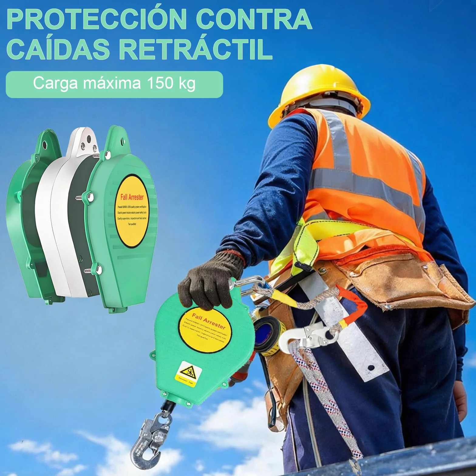 Dispositivo Anticaídas Retráctil 20m con Frenado Instantáneo Cable Antitorsión Gancho Autoblocante