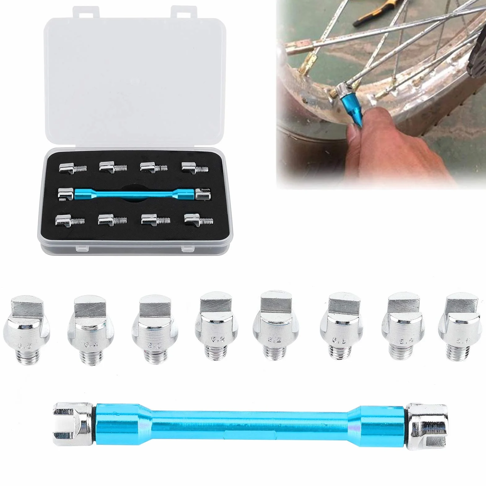 Qiilu Llave de radios de motocicleta, Juego de llaves CNC de llave de radios de motocicleta 5.0-6.8 Longitud 93 mm / 3.7in para la mayoría de las motocicletas(Azul)