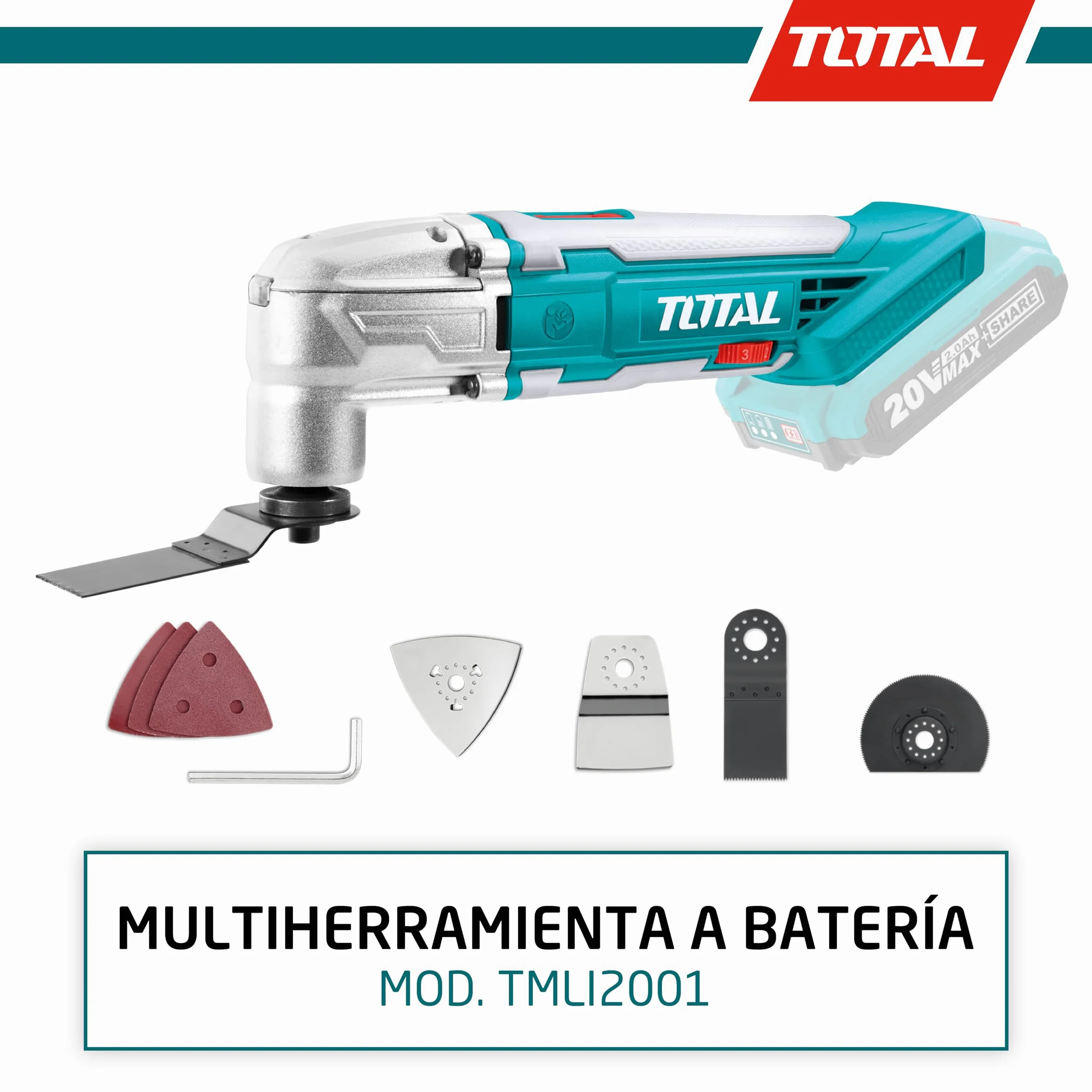 TOTAL - Multiherramienta Eléctrica - A Batería P20S 20 V - Incluye Raspador, Sierra, Sierra Segmentada, Llave Hexagonal y Base de Lija - Incluye 3 Hojas de Lija - Velocidad Regulable