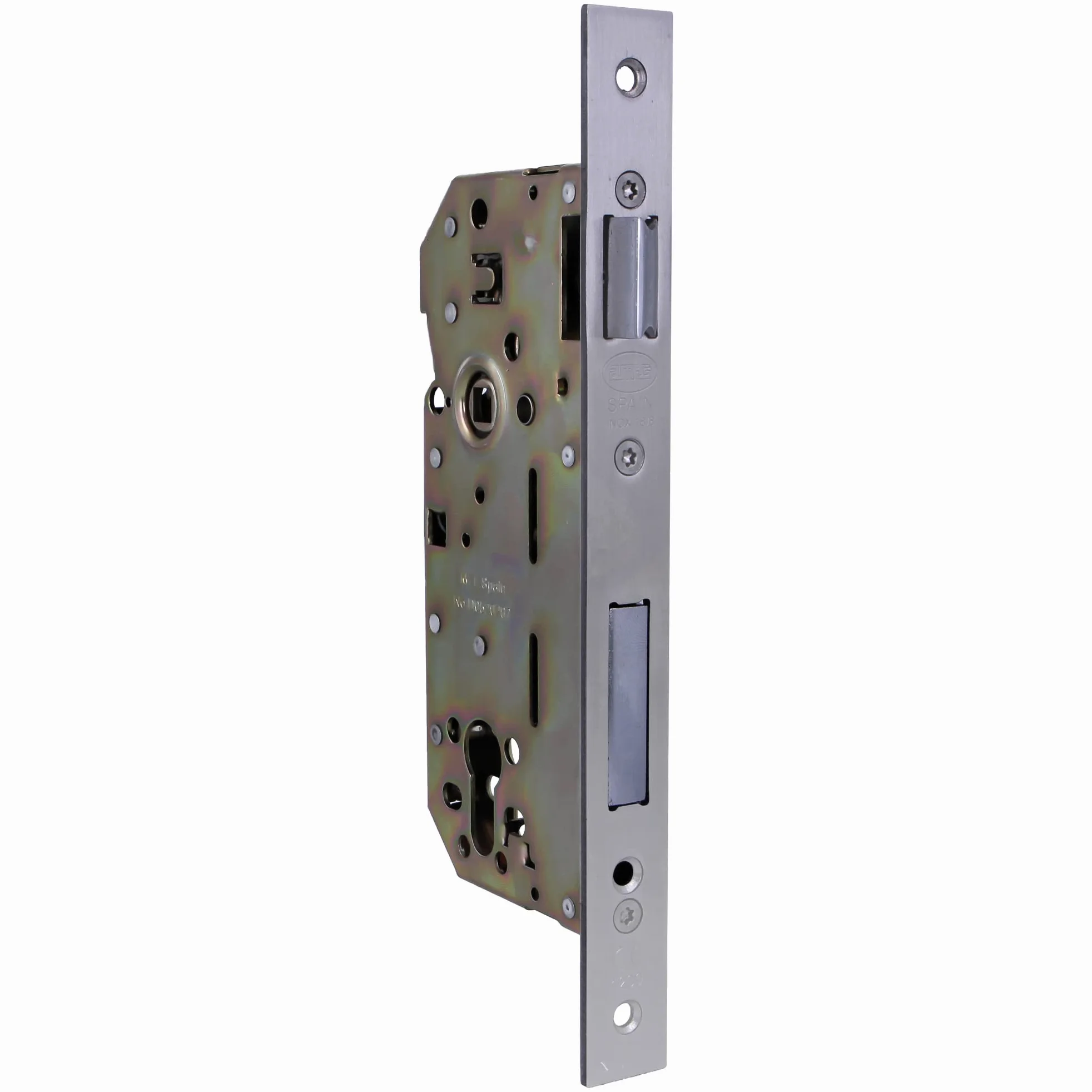 Amig - Cerradura de Embutir para Puertas de Madera - Con Paletón de Cierre - Frente y Soporte en Canto Cuadrado - Entrada de 50 mm - Picaporte reversible - Acero - Plateado Mate - 240 mm