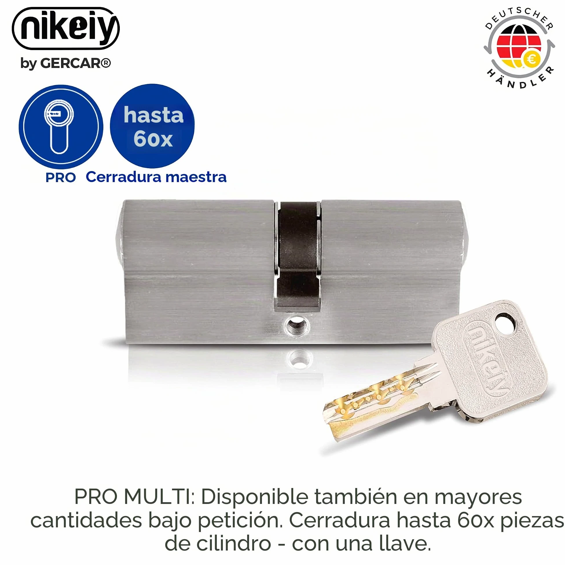 GERCAR Pro 3 Cilindros de Cierre 30/30 Con Cierre Uniforme, 15 Llaves, Cerradura de 60 mm, Longitud: 60 mm, A: 30 B: 30 mm, Latón Macizo Mate